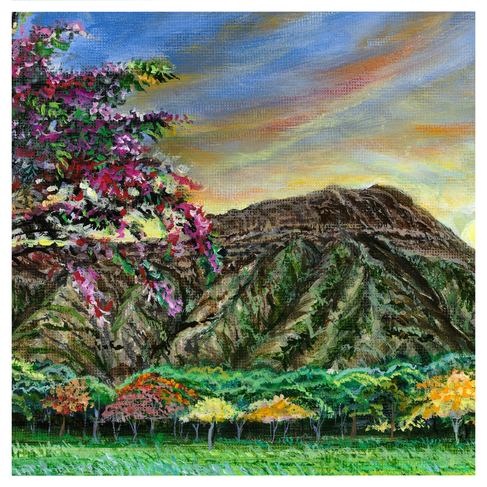 A mountain with vibrant colored tree by hawaii artist Esperance Rakotonirina