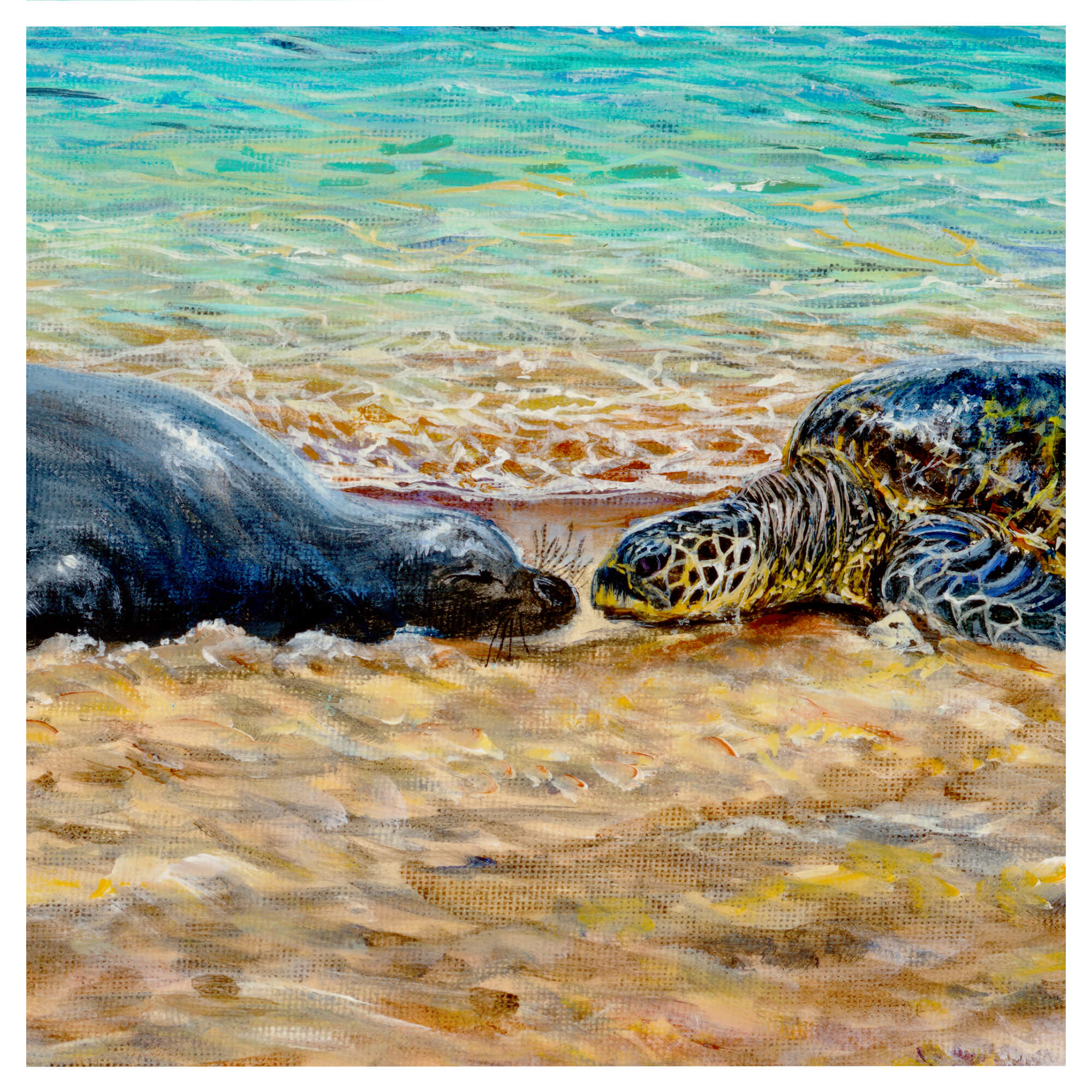 An illustration showcasing a seal and a turtle by hawaii artist Esperance Rakotonirinaii 