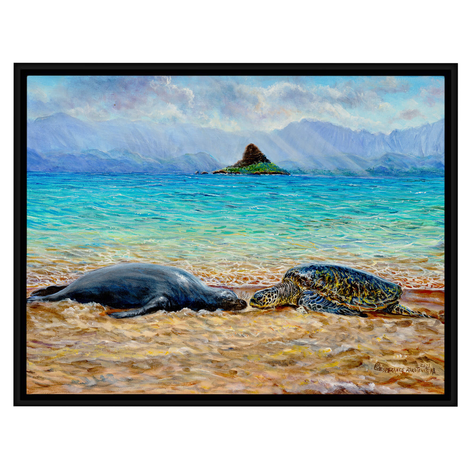 Canvas art print with black frame showcasing sea animals in the sea by hawaii artist Esperance Rakotonirina