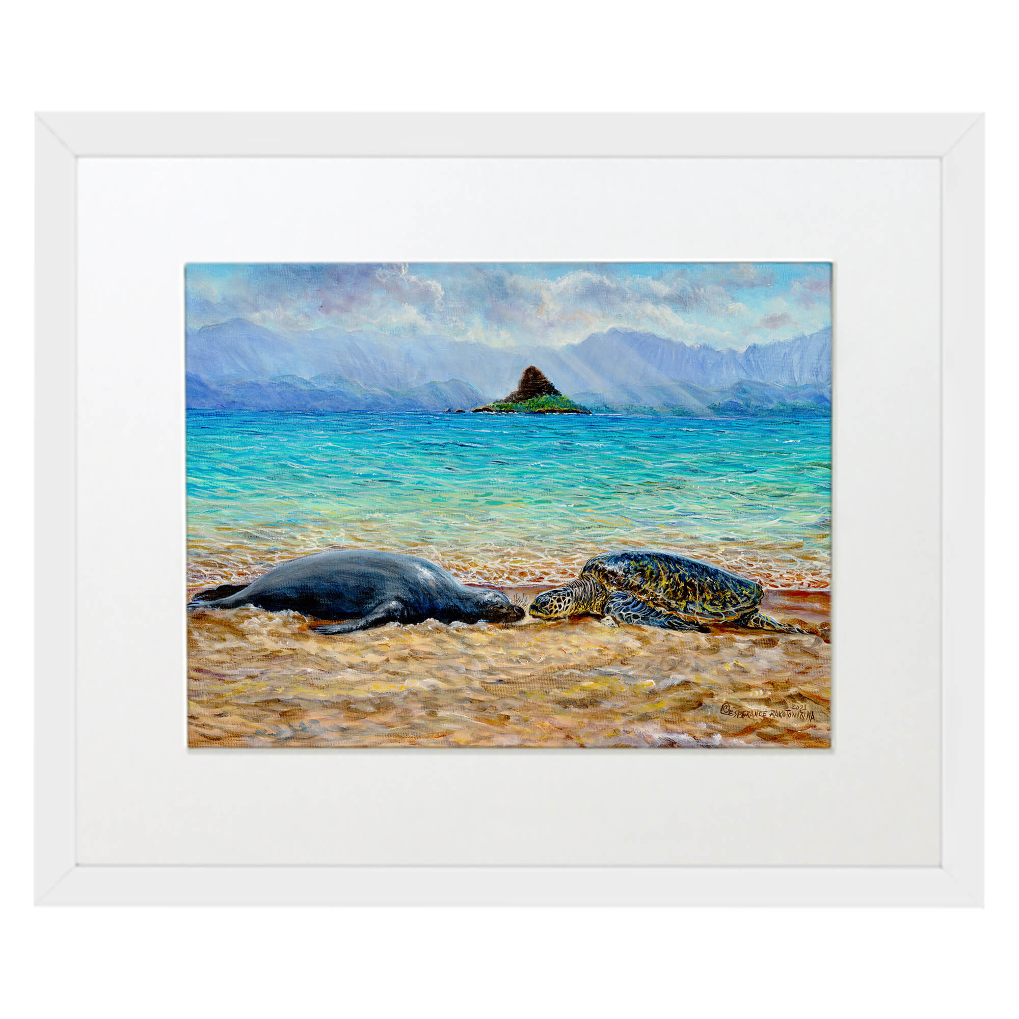 matted art print with white frame showcasing a turtle in the beach by hawaii artist Esperance Rakotonirina