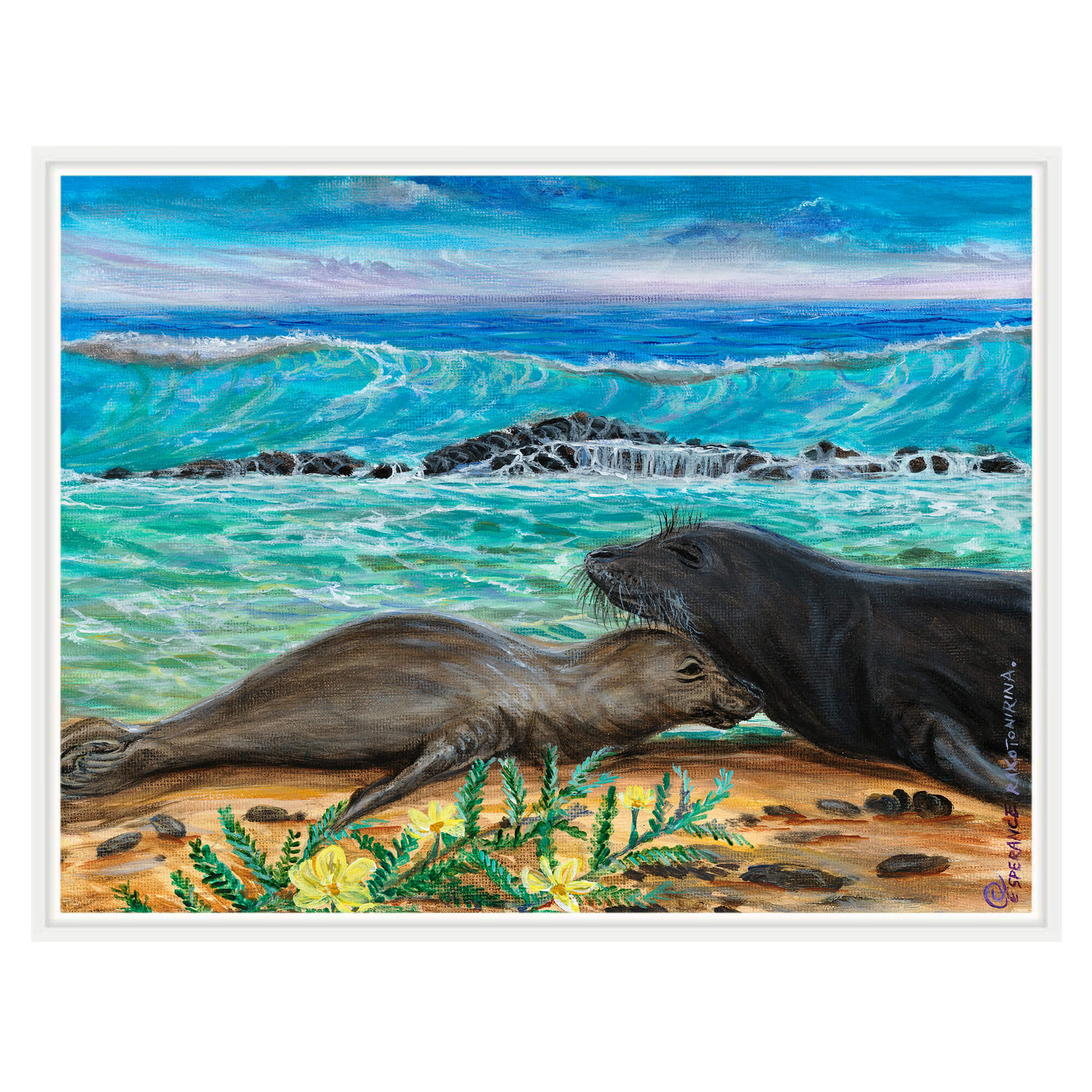Canvas art print with white frame showcasing the different shades of blue of the sea by hawaii artist Esperance Rakotonirina