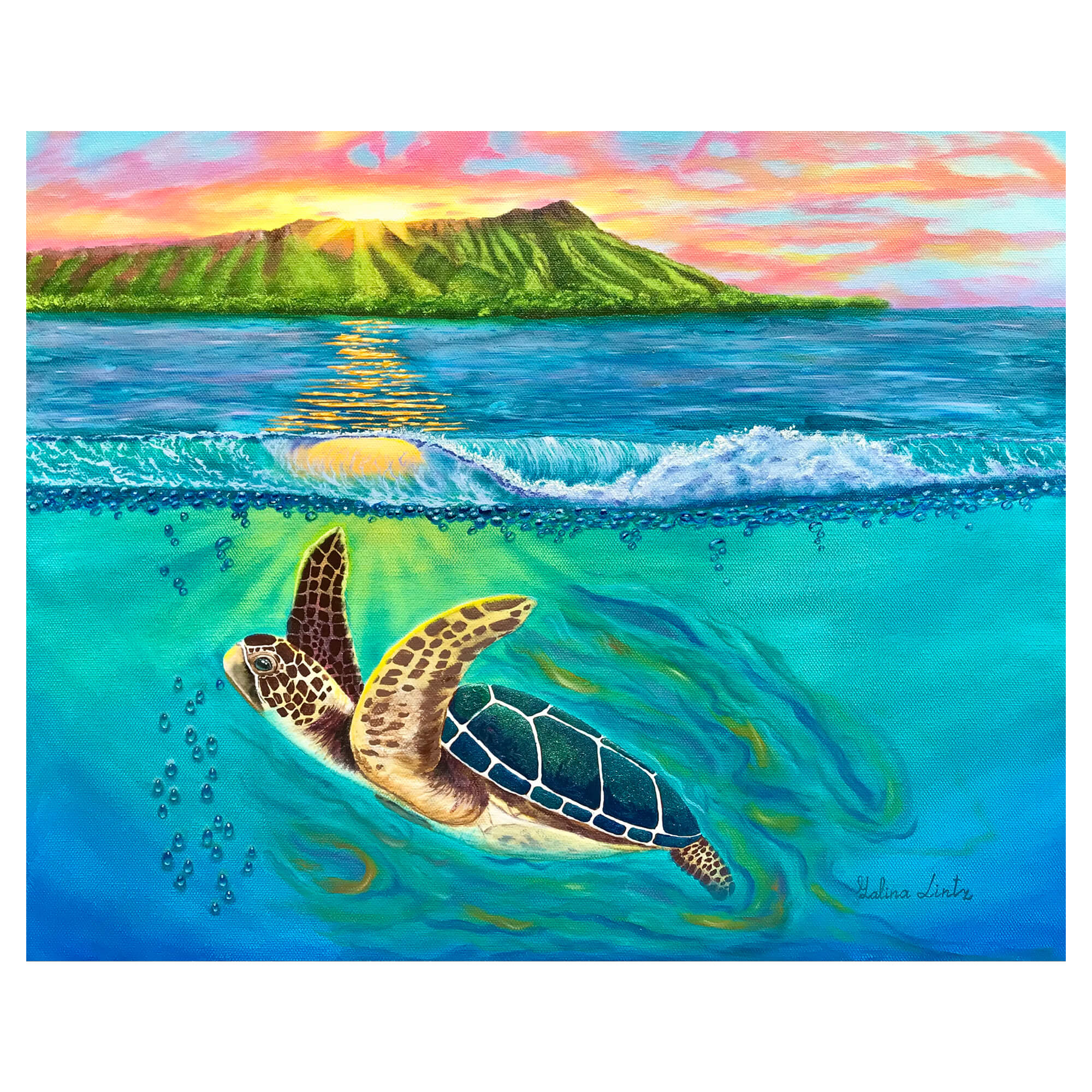 hawaii artist Galina Lintz Diamond Head Dreams Honu Sunrise art print
