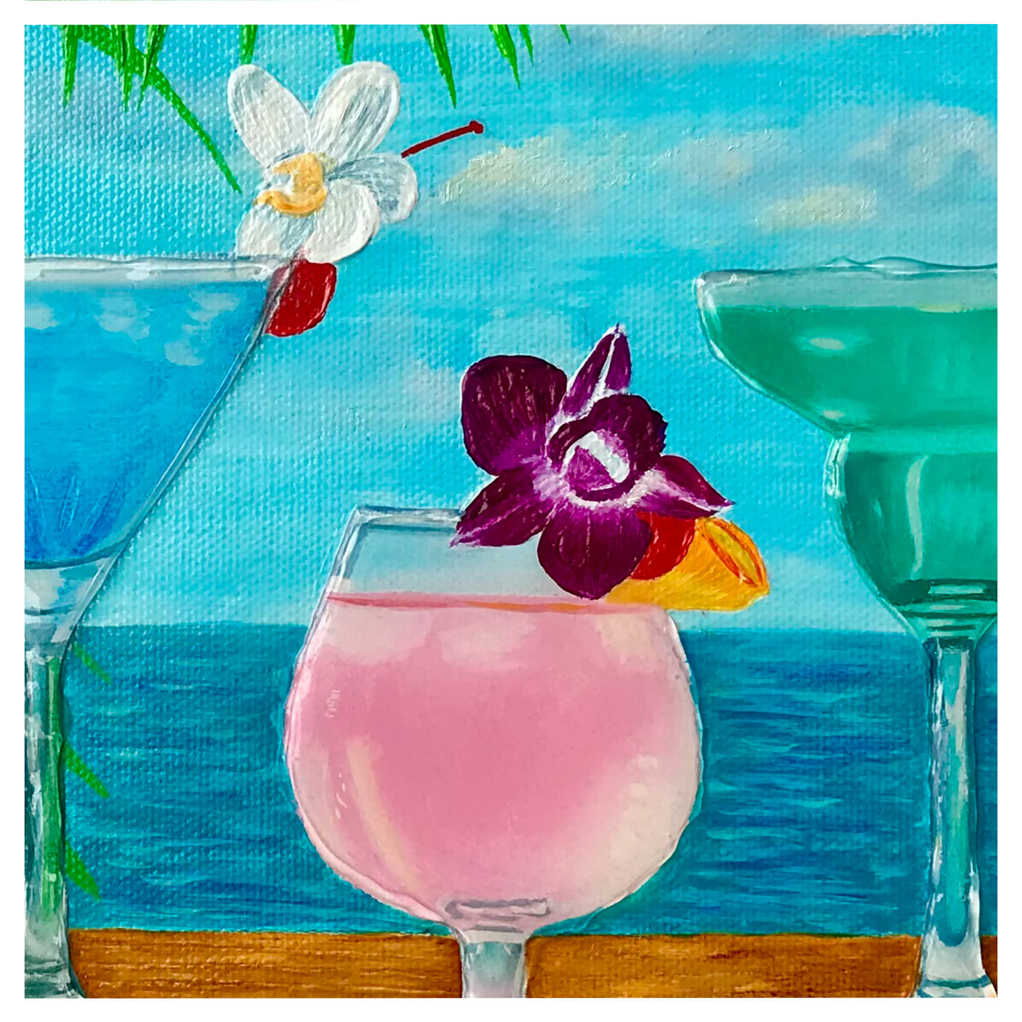 An illustration of a pink tropical drink by hawaii artist Galina Lintz