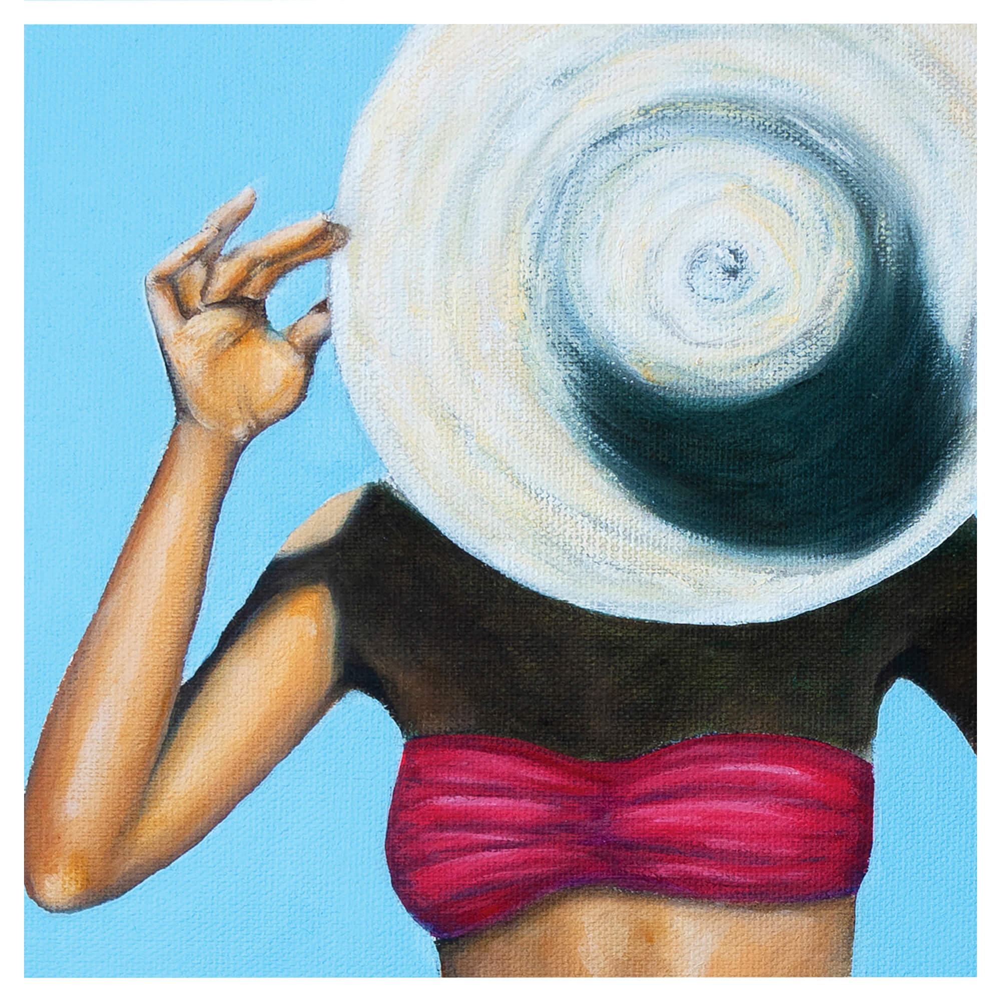 A painting of a woman holding her hat by Hawaii artist Kelly Keane