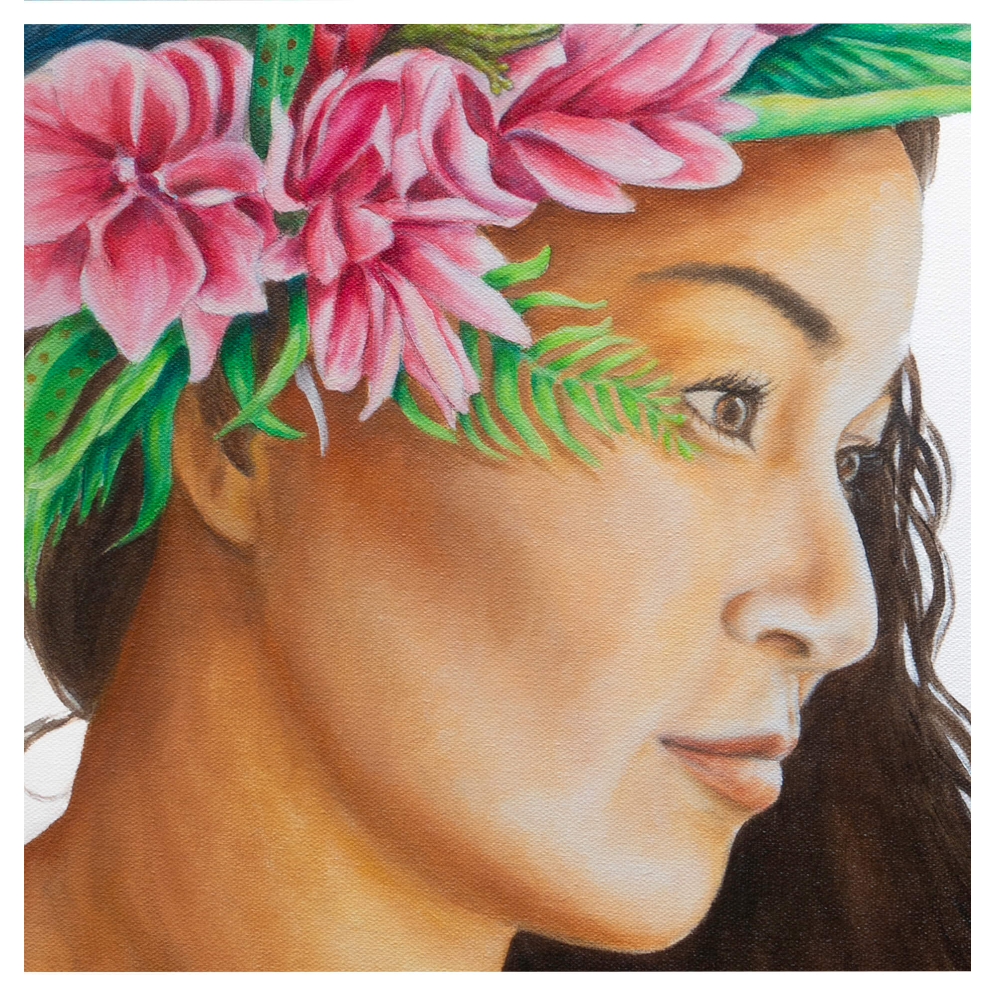 A woman wearing a lei with pink flowers  by hawaii artist Kelly Keane