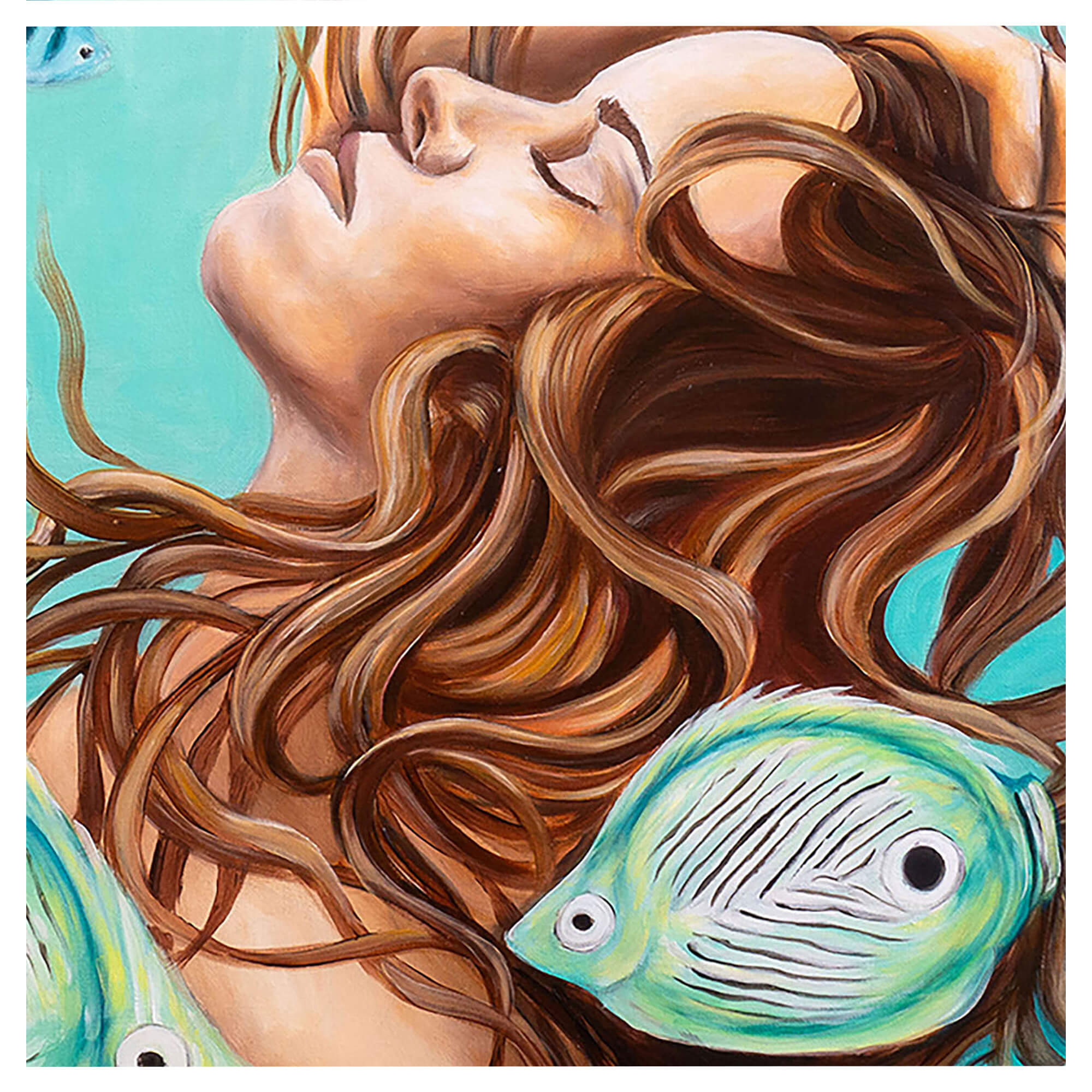 Painting of a woman's face underwater with some colorful fish by Hawaii artist Laihha Organna