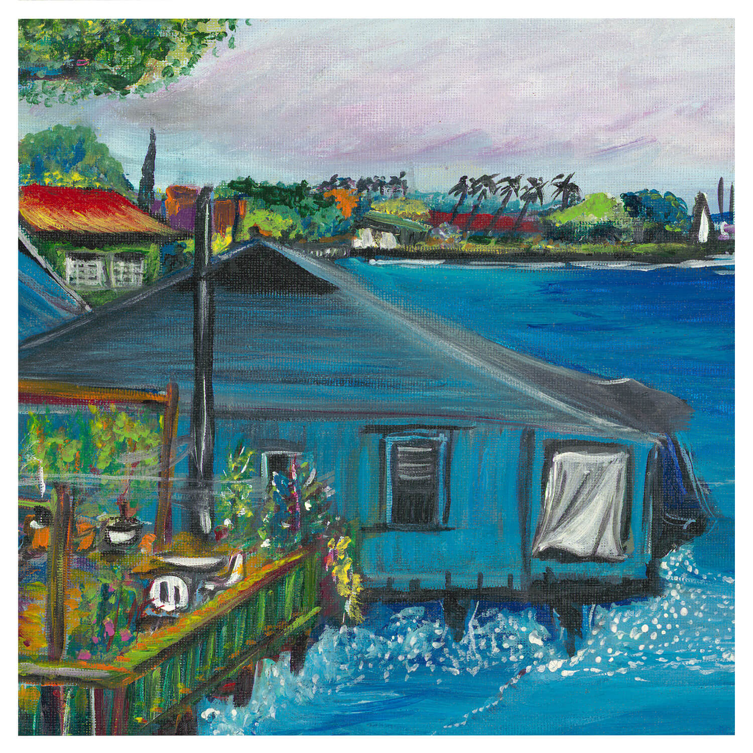 An illustration of a blue house    by  hawaii artist Suzanne MacAdam 
