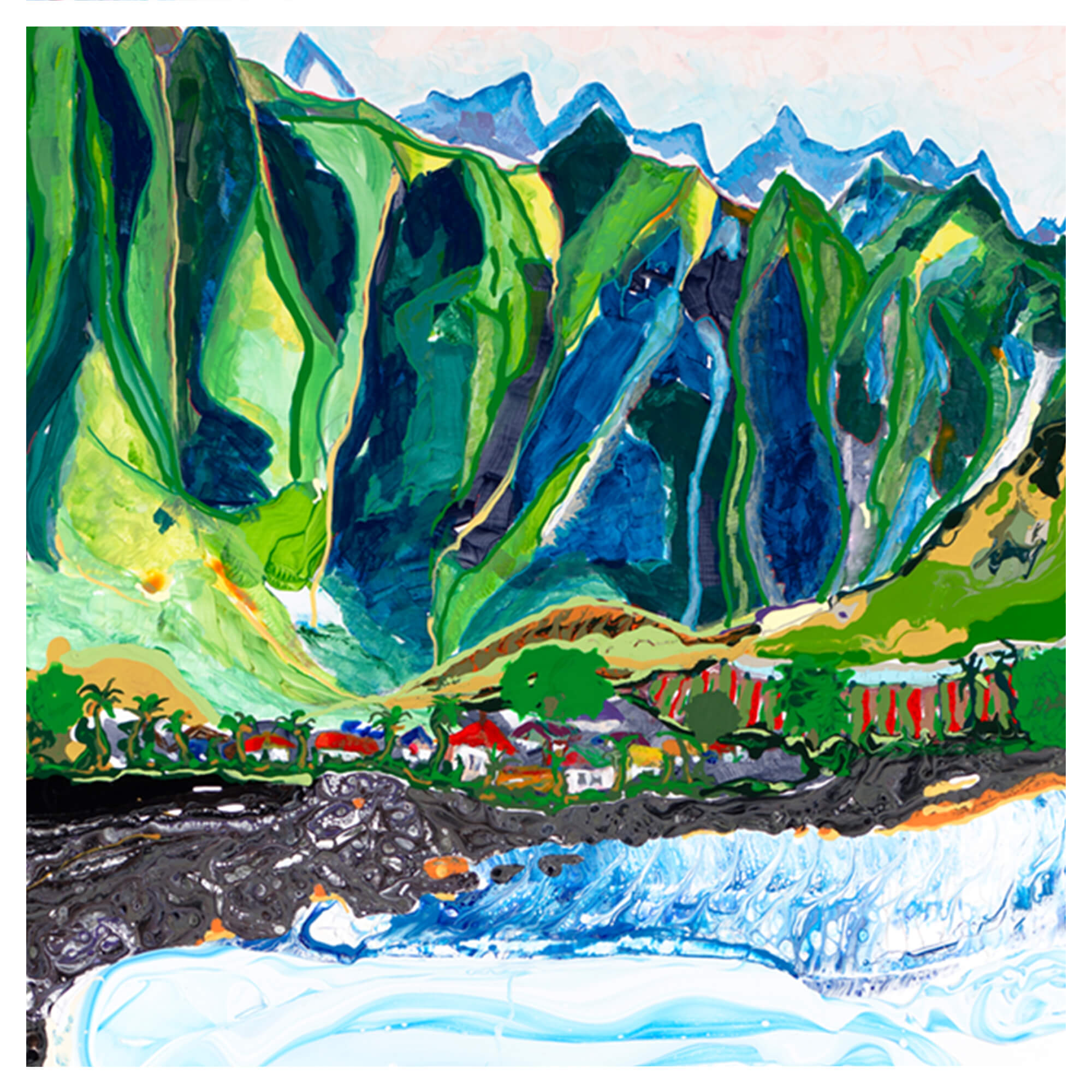 tall green mountain painting by Hawaii artist Robert Hazzard