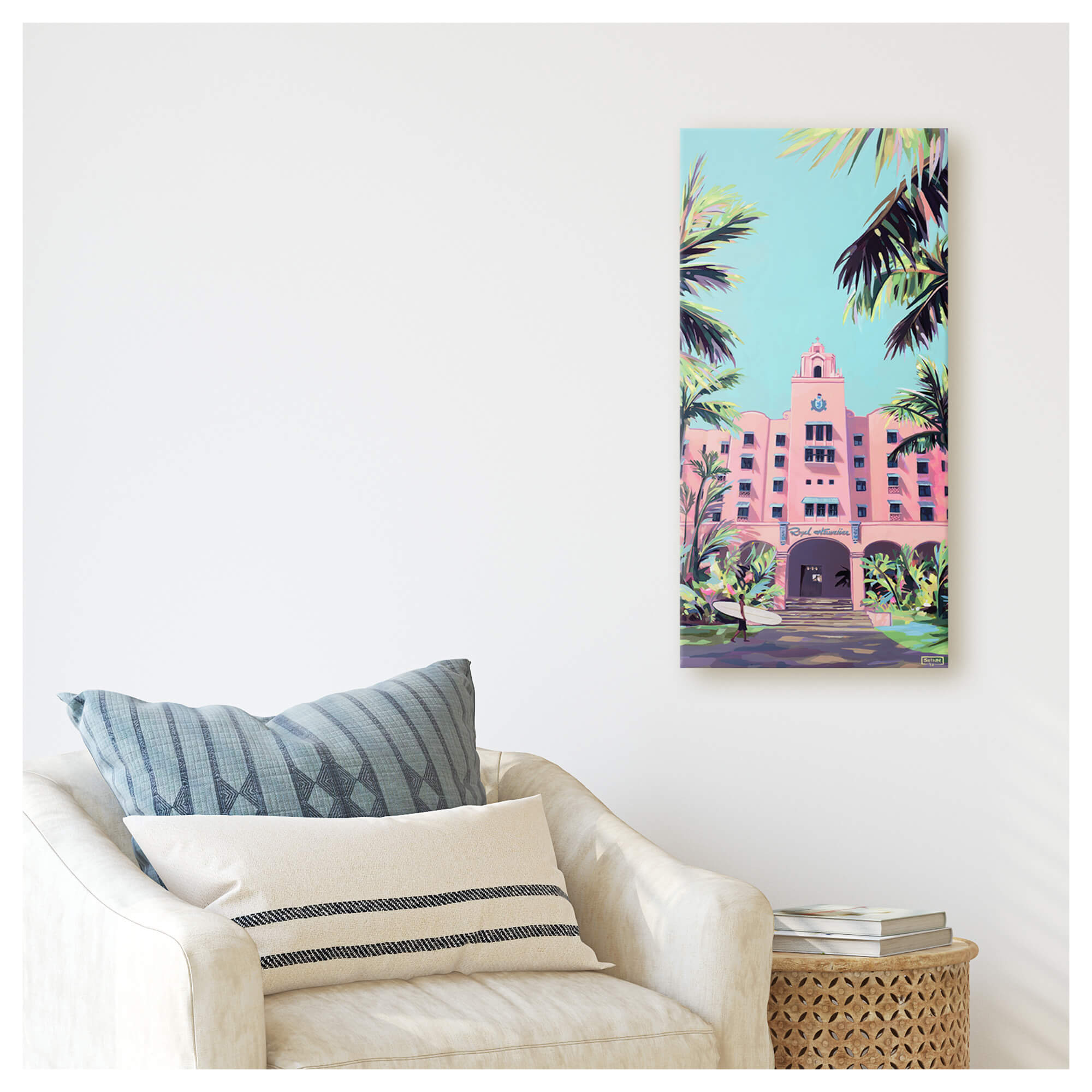 A canvas giclée art print of the famed pink Royal Hawaiian Hotel in Waikiki by Hawaii artist Christie Shinn