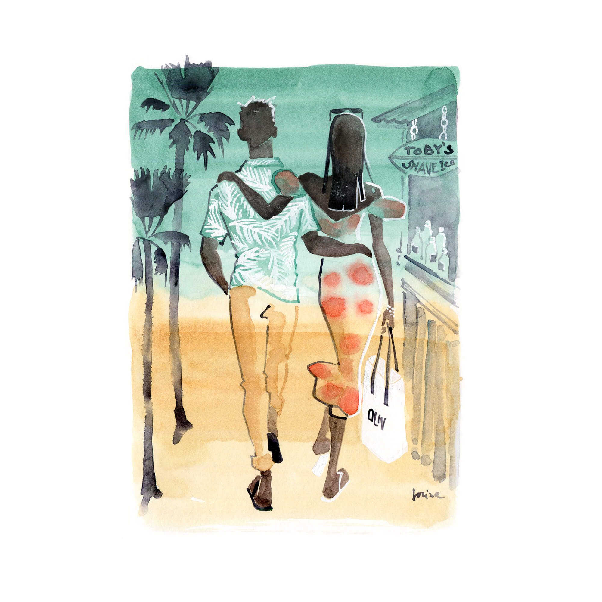 An original watercolor artwork of a couple walking along the beach and enjoying the sunset by Hawaii artist Lovisa Oliv