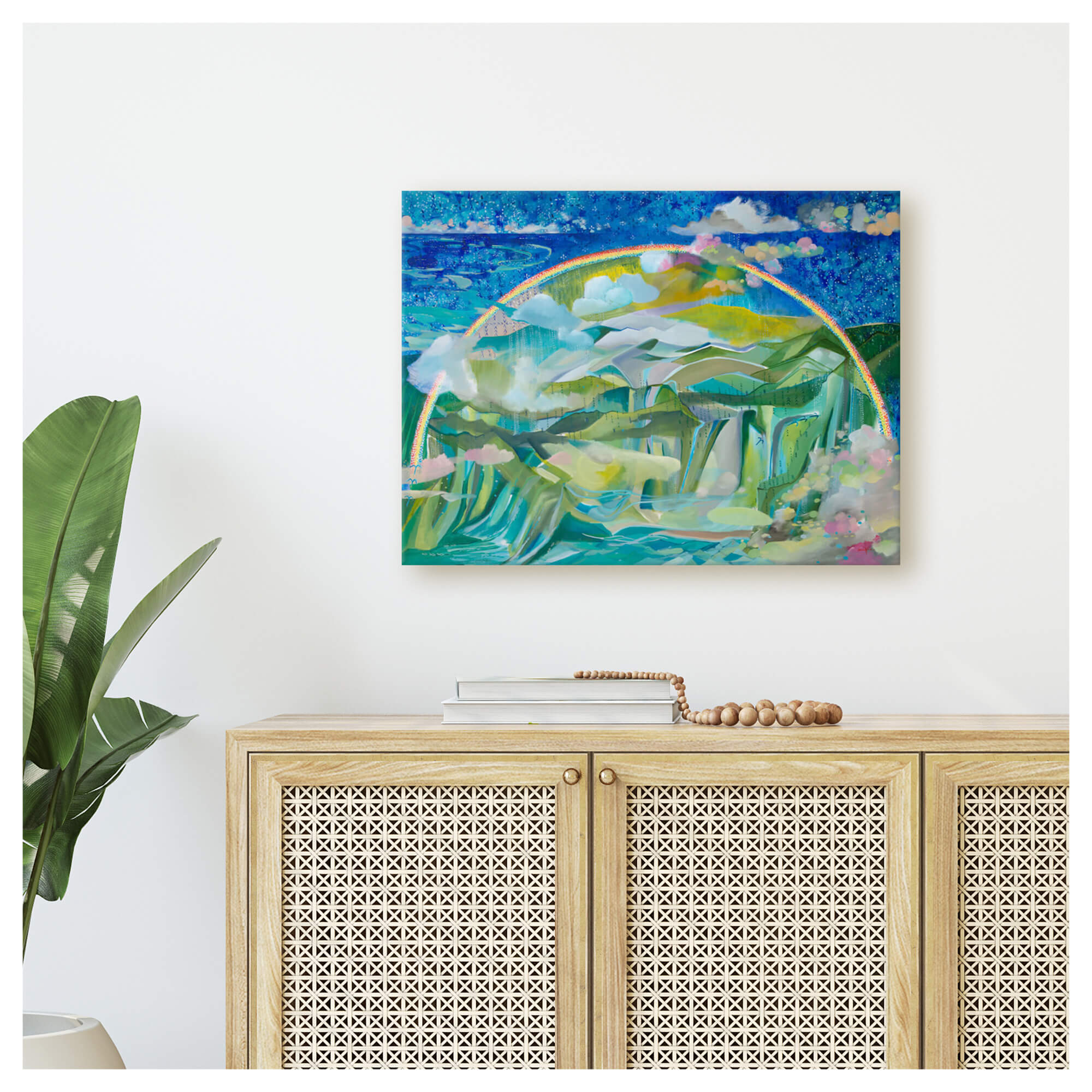 Canvas art print of an abstract landscape with a rainbow over the mountains by Hawaii artist Saumolia Puapuaga