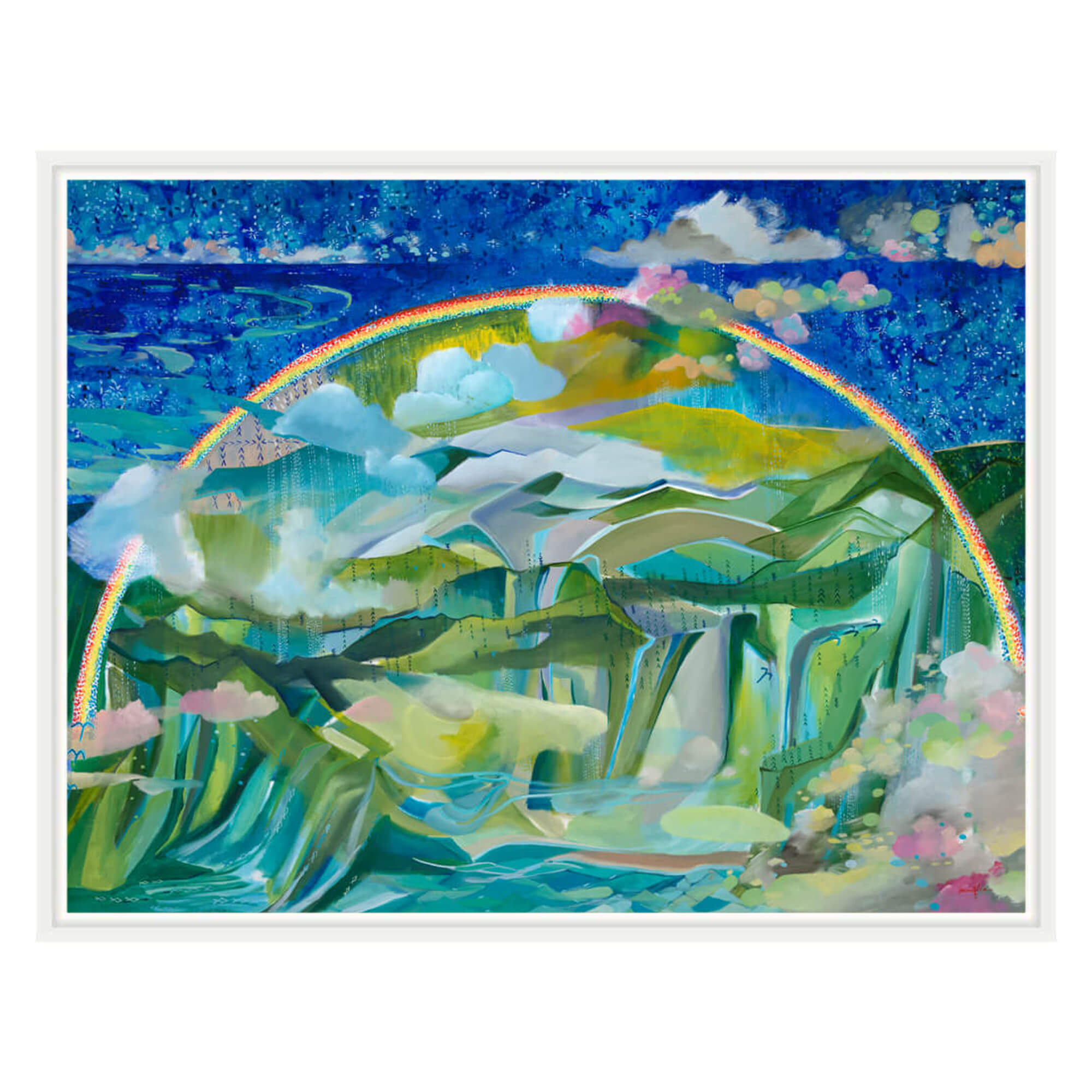 Framed canvas art print of an abstract landscape with a rainbow over the mountains by Hawaii artist Saumolia Puapuaga