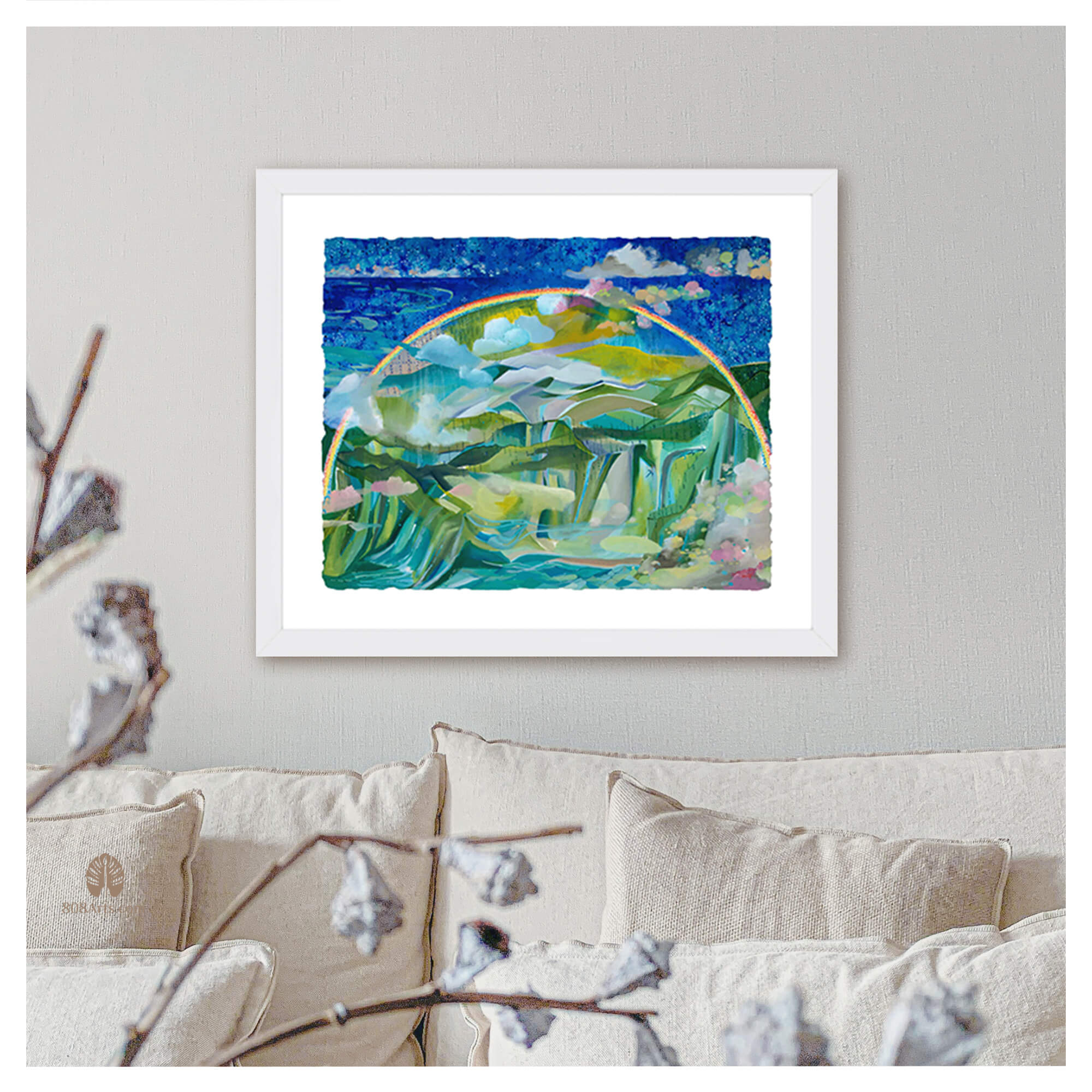 Framed paper art print of an abstract landscape with a rainbow over the mountains by Hawaii artist Saumolia Puapuaga