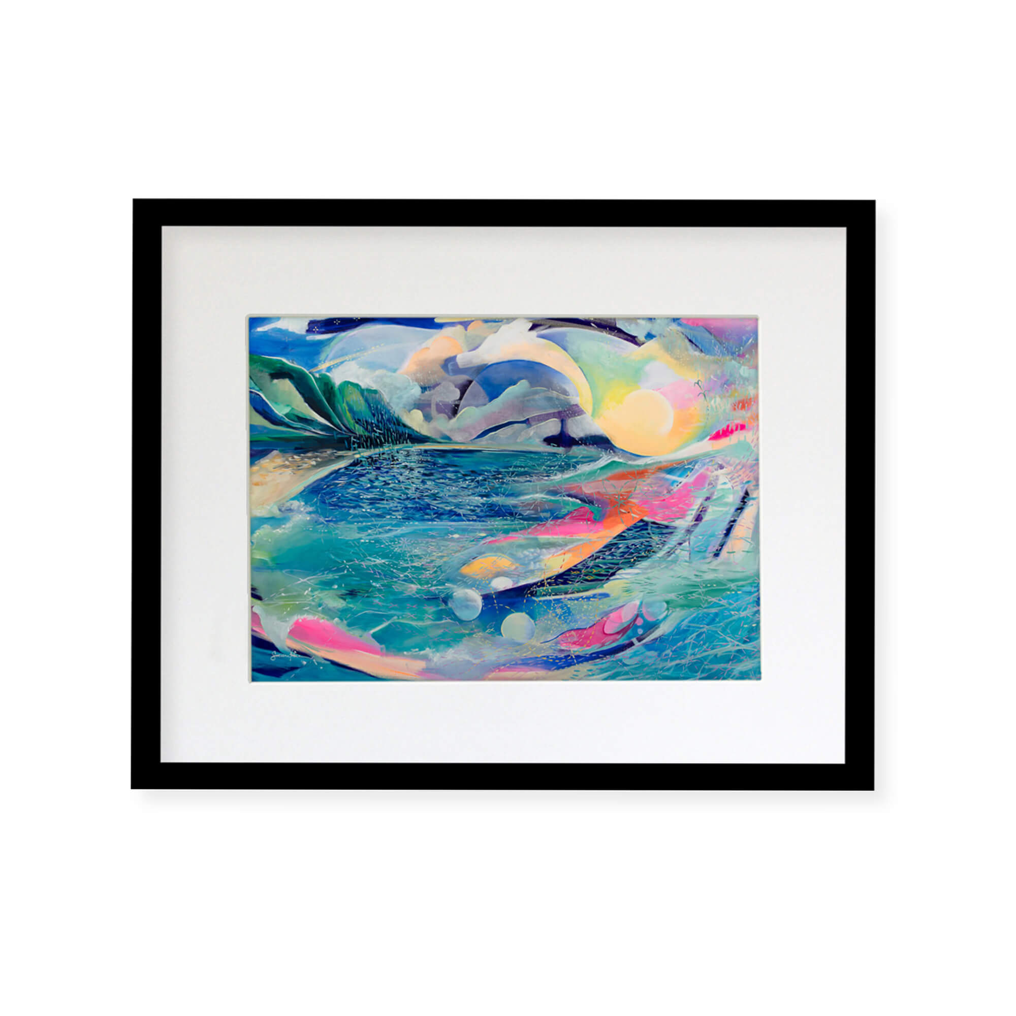 Framed matted art print of an abstract artwork of a seascape with vibrant pastel colors Hawaii artist Saumolia Puapuaga
