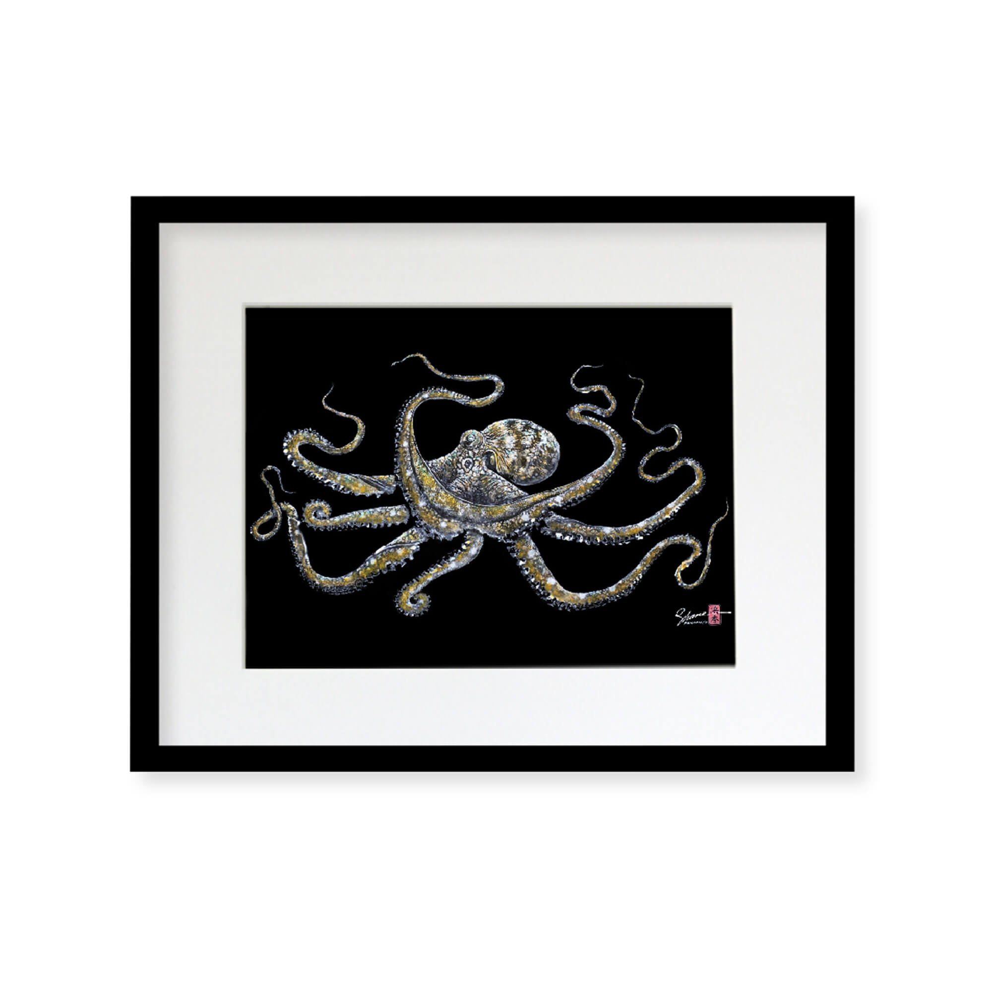 Framed matted print of Tako (octopus) by Hawaii gyotaku artist Shane Hamamoto