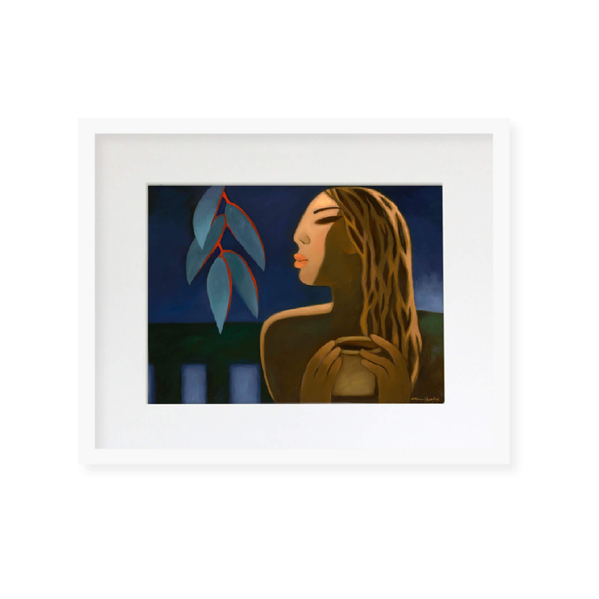 Framed matted art print of a woman drinking her cut of coffee by Hawaii artist Tim Nguyen