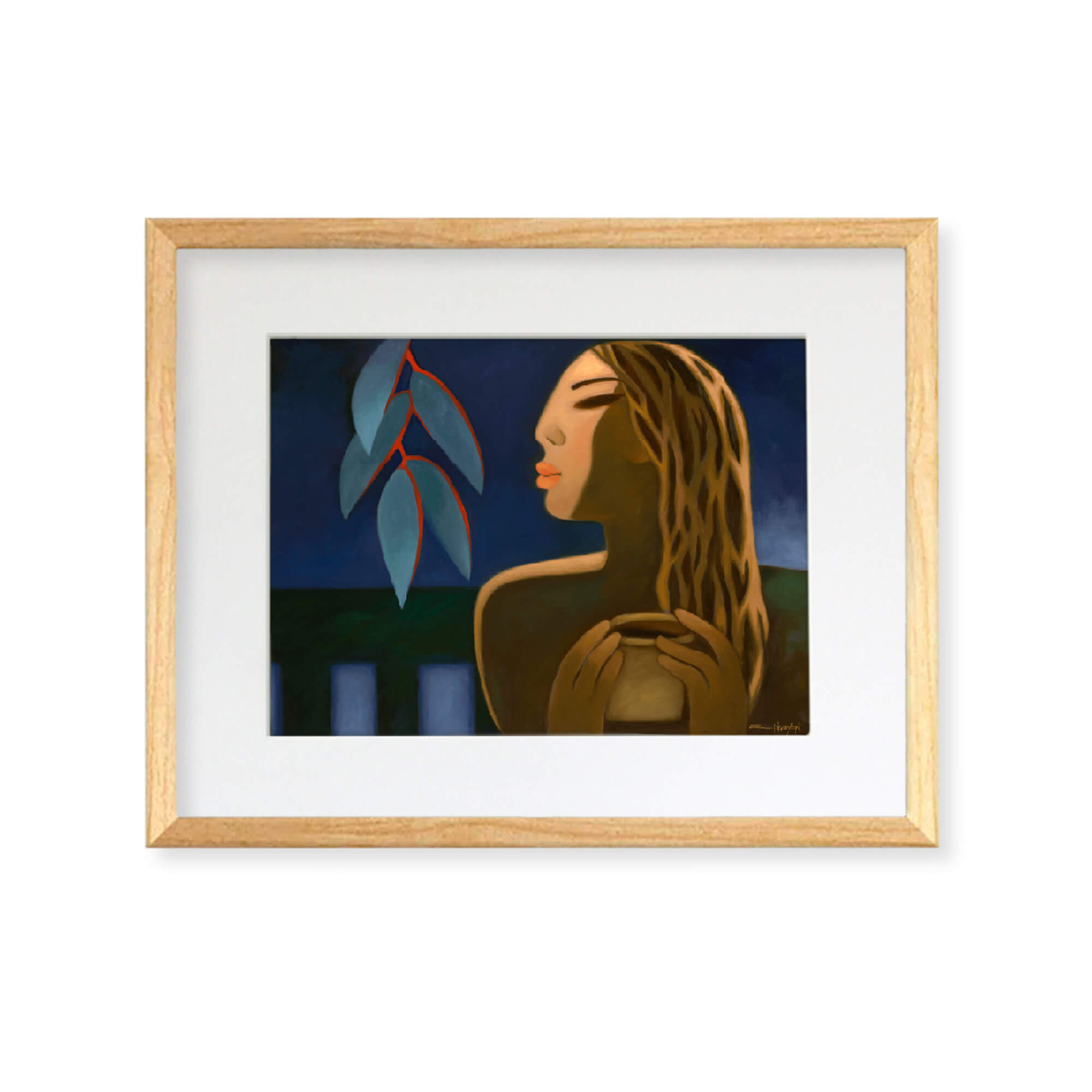 Framed matted art print of a woman with a cut of coffee by Hawaii artist Tim Nguyen