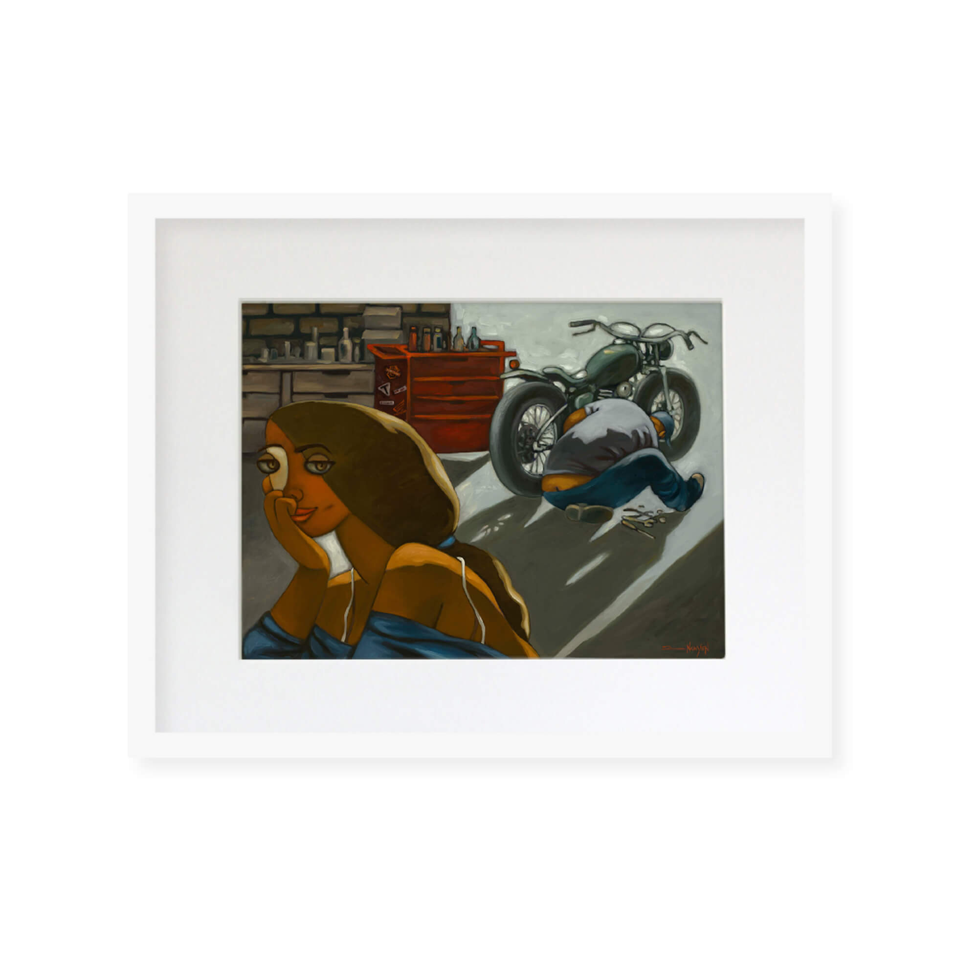 Framed matted art print of a woman waiting for her vintage motorcycle to be fixed by Hawaii artist Tim Nguyen