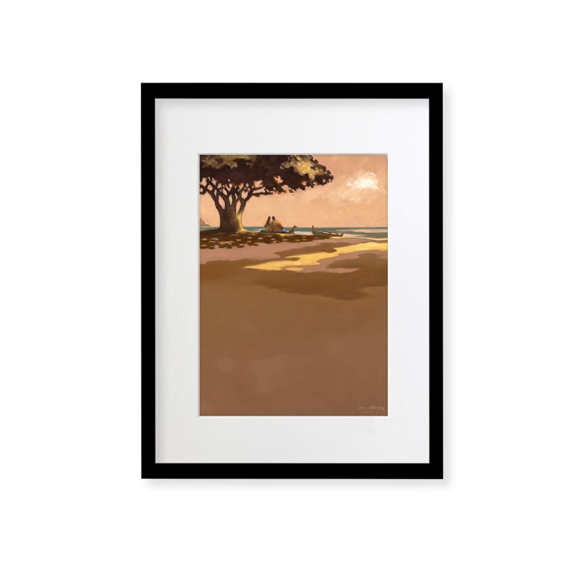 Framed matted art print of a couple and their dog enjoying a peaceful at the beach by Hawaii artist Tim Nguyen