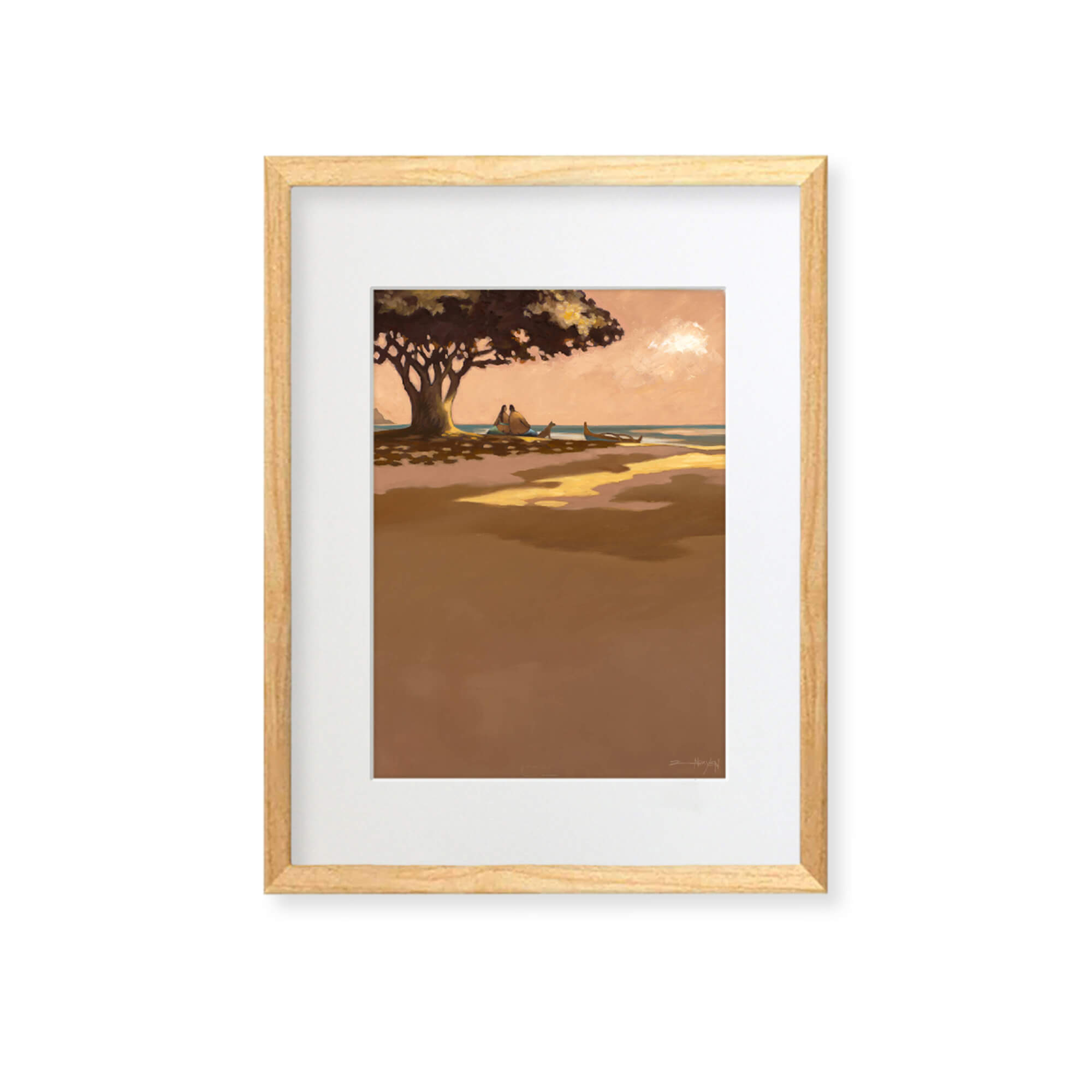 Framed matted art print of a couple and their dog enjoying a beautiful sunset view at the beach by Hawaii artist Tim Nguyen