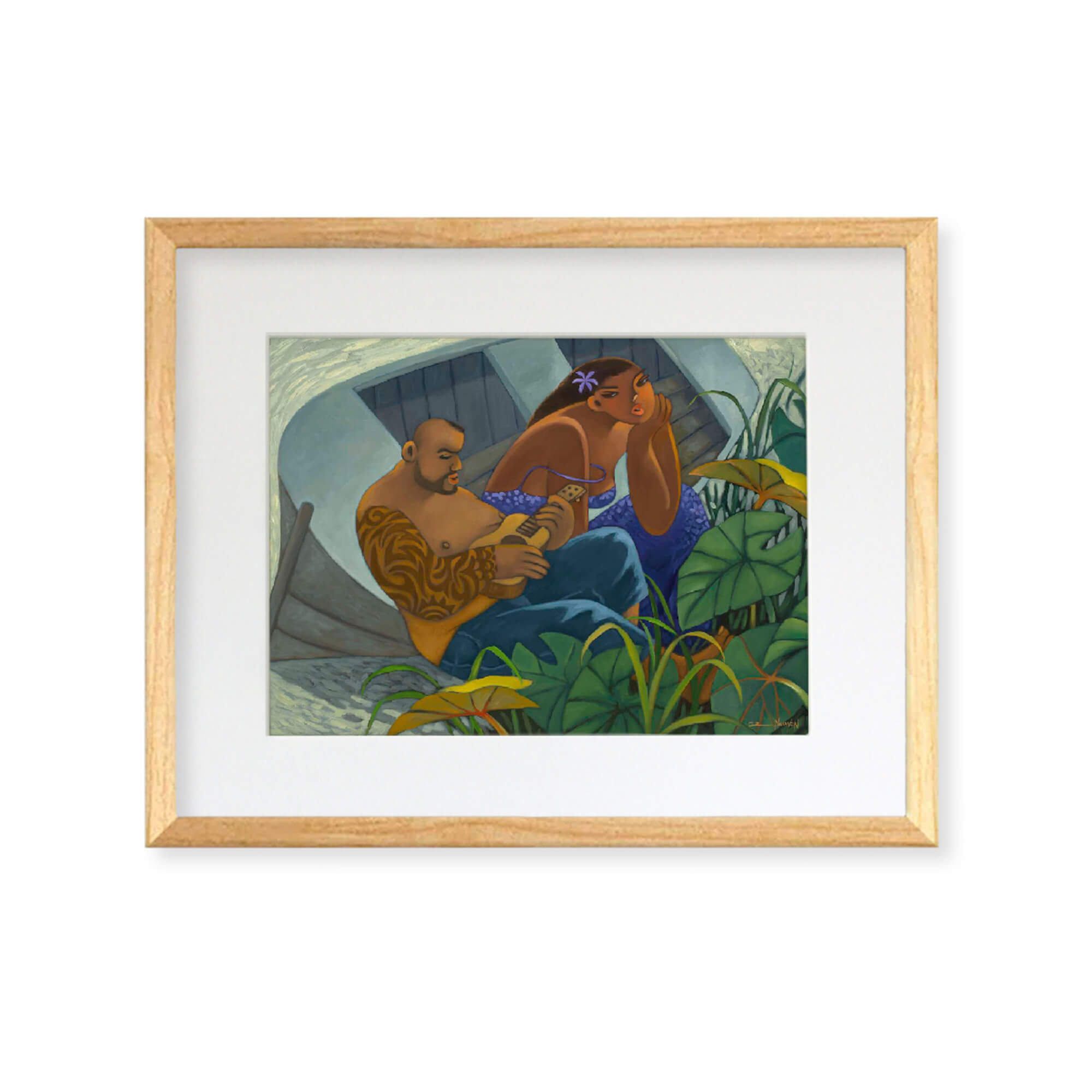 Framed matted art print of a man singing for a woman with a ukulele at the beach by Hawaii artist Tim Nguyen