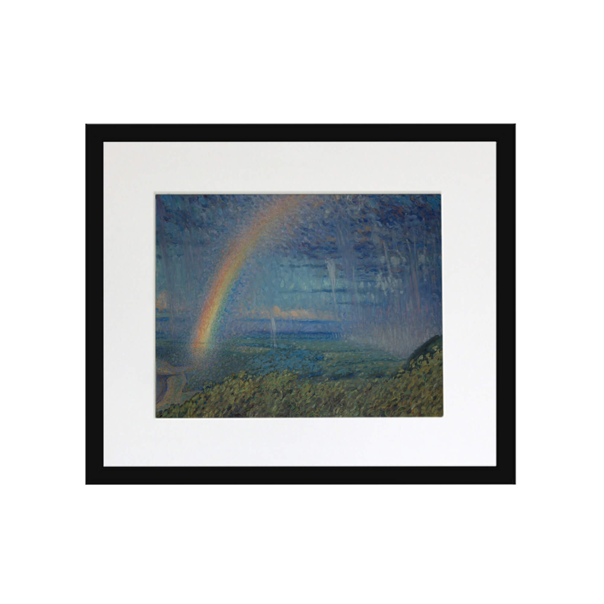 A vintage artwork featuring a rainbow and a landscape