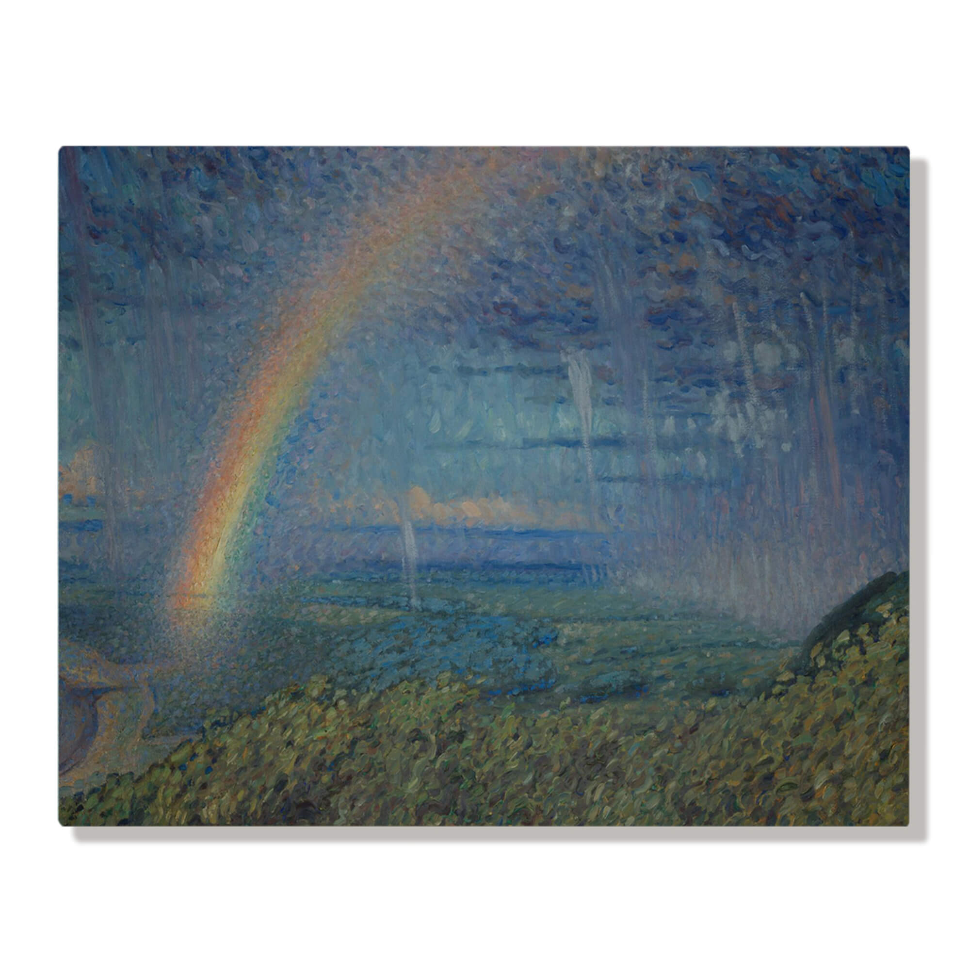 A vintage artwork featuring a gloomy landscape framed a rainbow