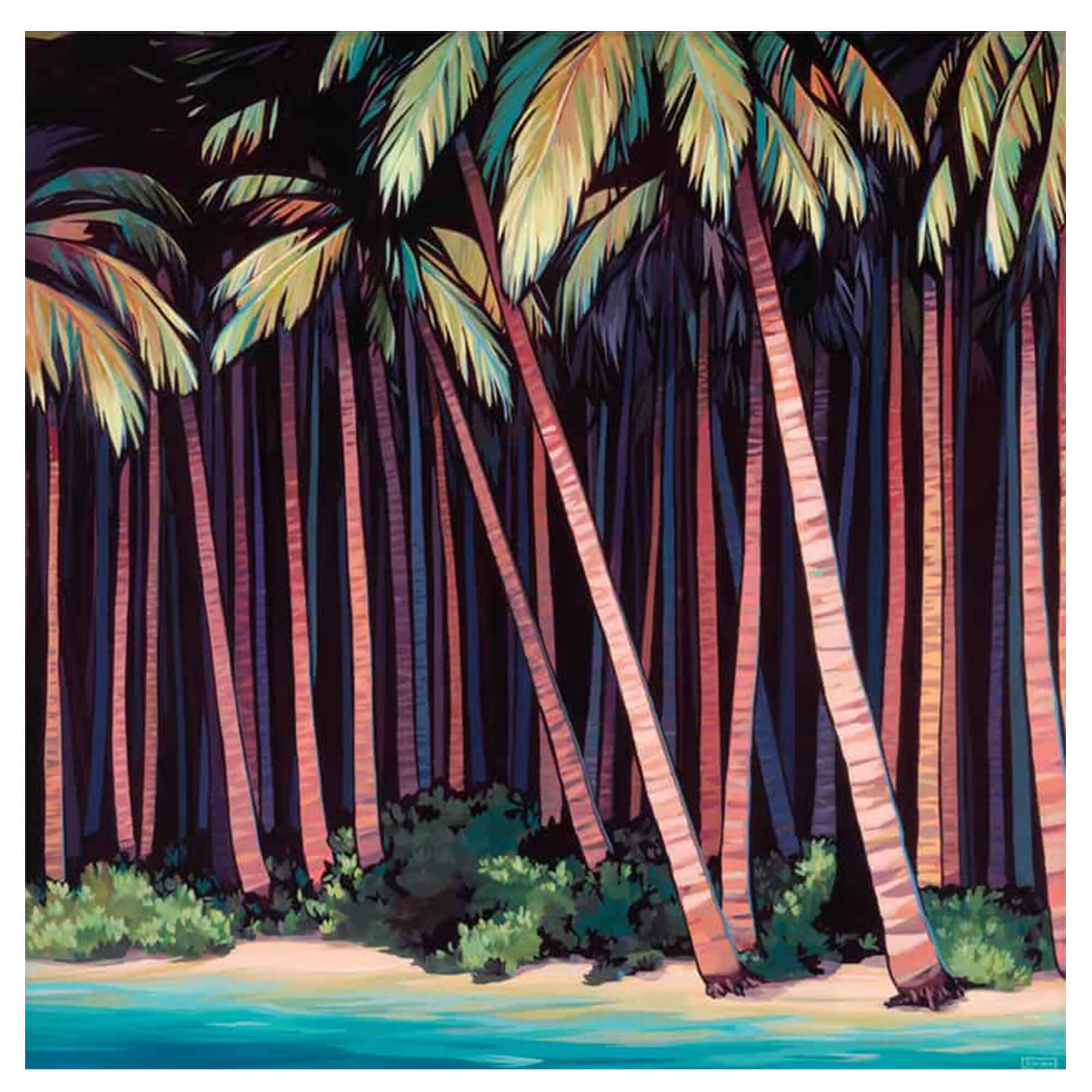 A matted print of the jungle of towering palm trees that line the shore of Kawela Bay by Hawaii artist Christie Shinn