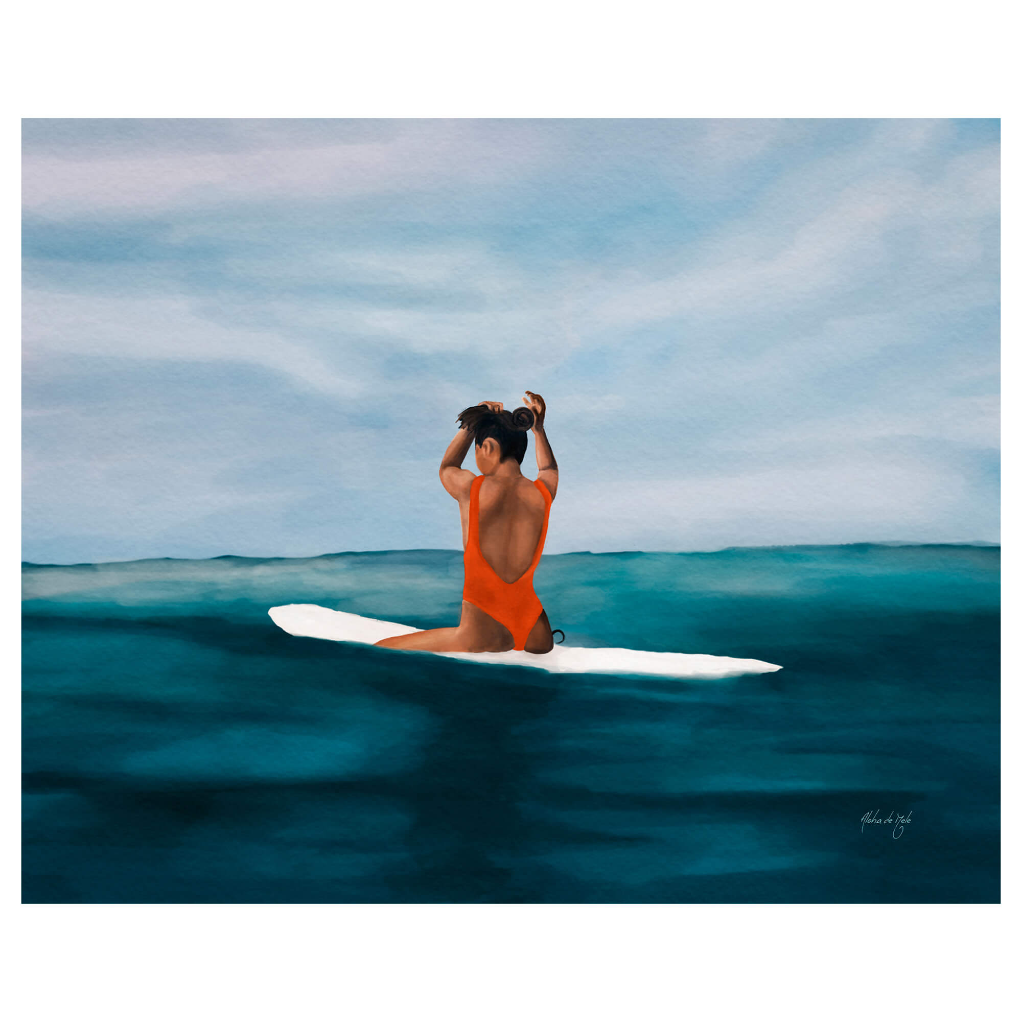 A matted art print of a woman peacefully surfing by Hawaii artist Aloha De Mele