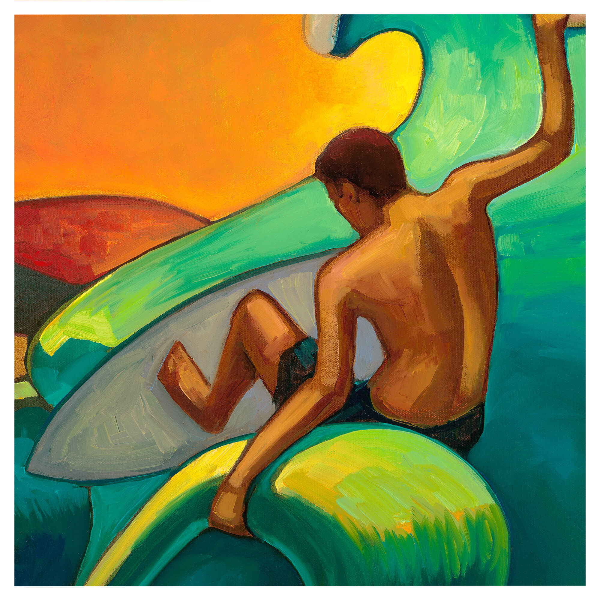 A man on a surfboard and a large wave by Hawaii artist Colin Redican