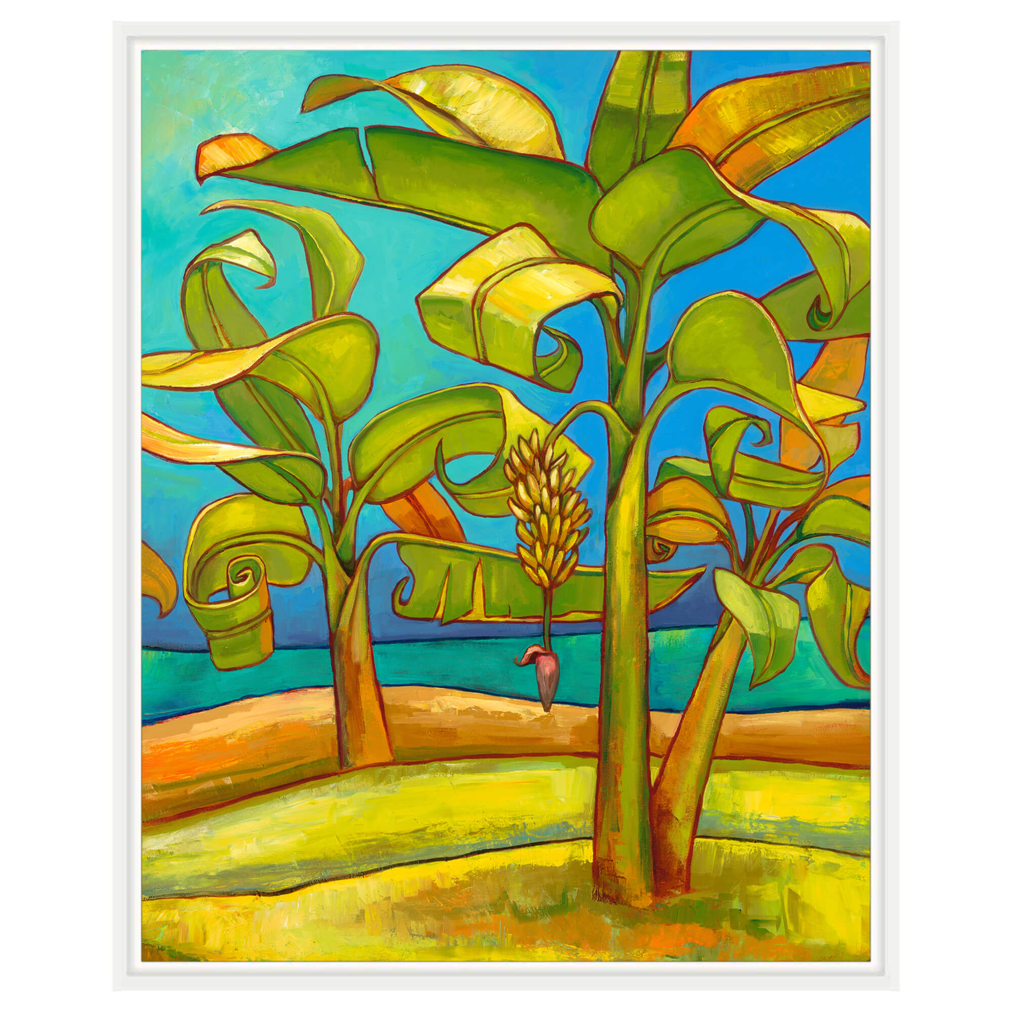 Banana trees under a clear blue sky by Hawaii artist Colin Redican
