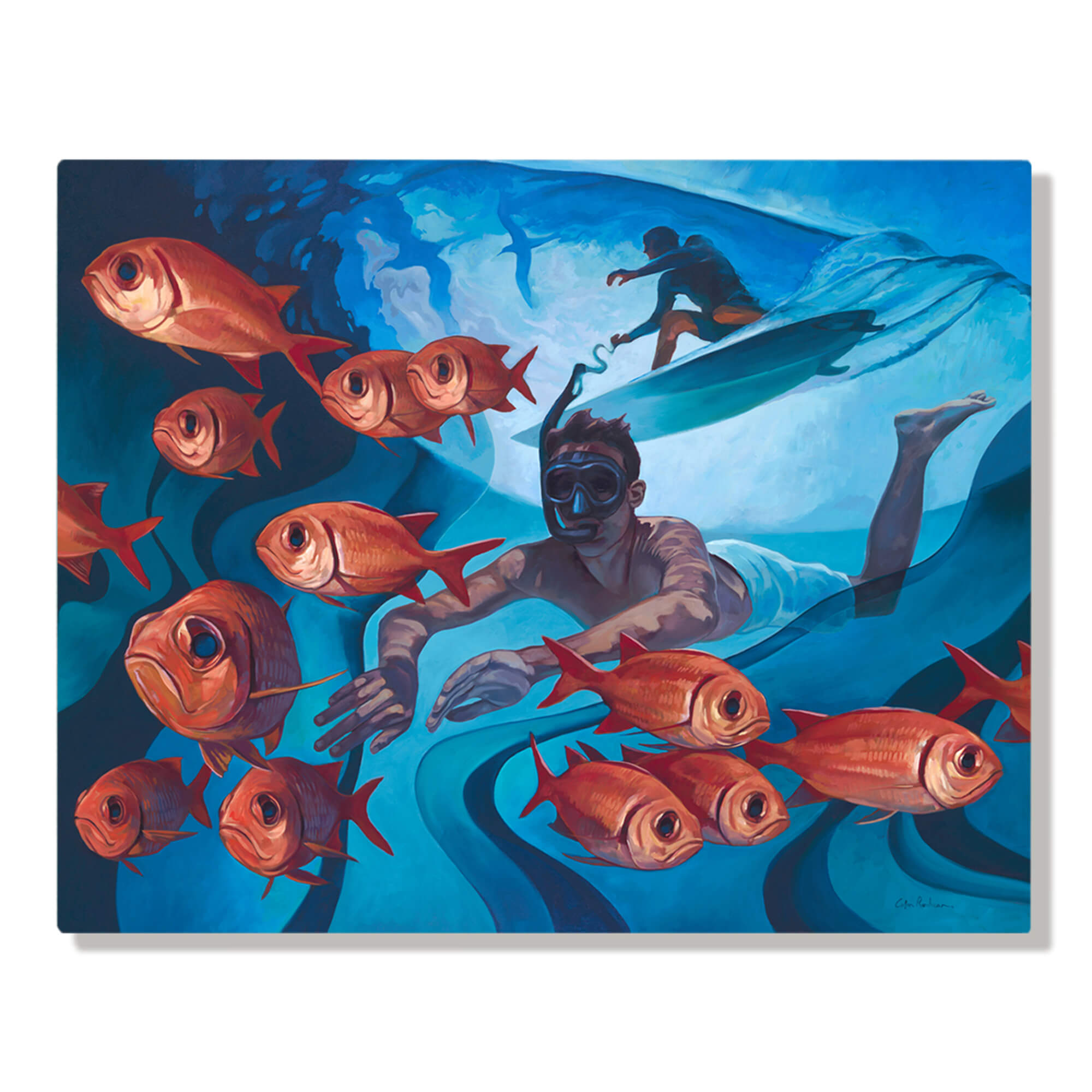 A man diving with red fish by Hawaii artist Colin Redican