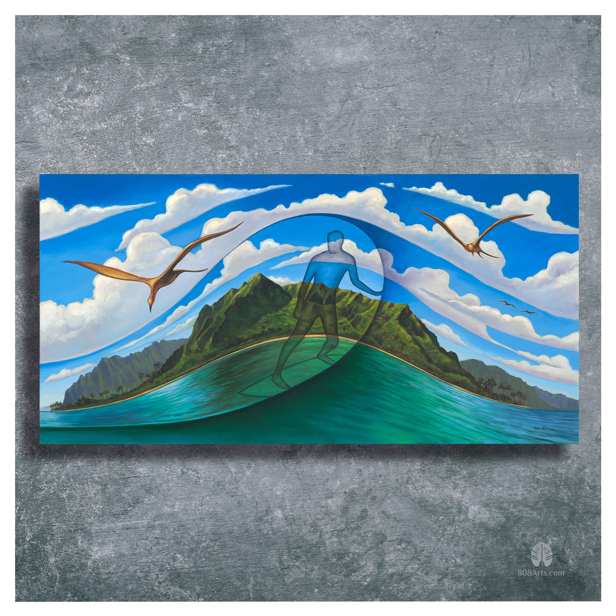 A surfer with a tropical island background by Hawaii artist Colin Redican
