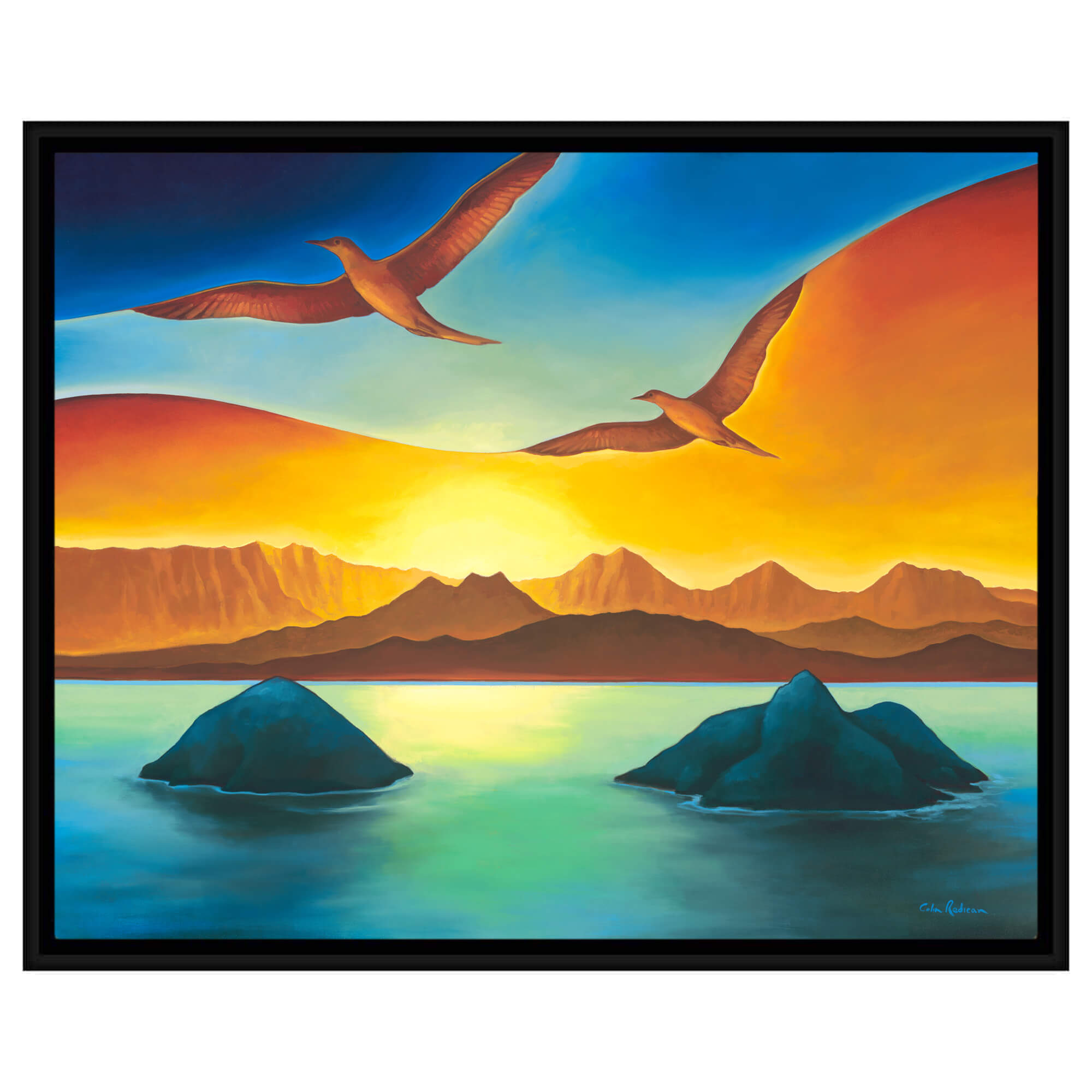 Birds flying with blue and yellow hued sky by Hawaii artist Colin Redican