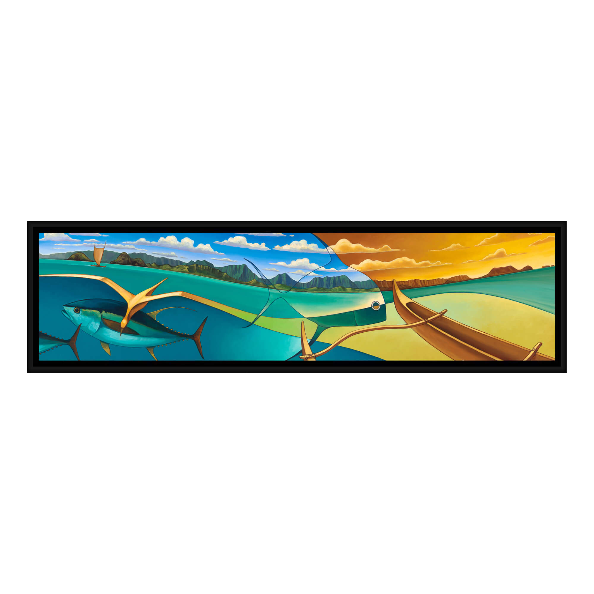 A panoramic painting of tuna fish and canoes by Hawaii artist Colin Redican