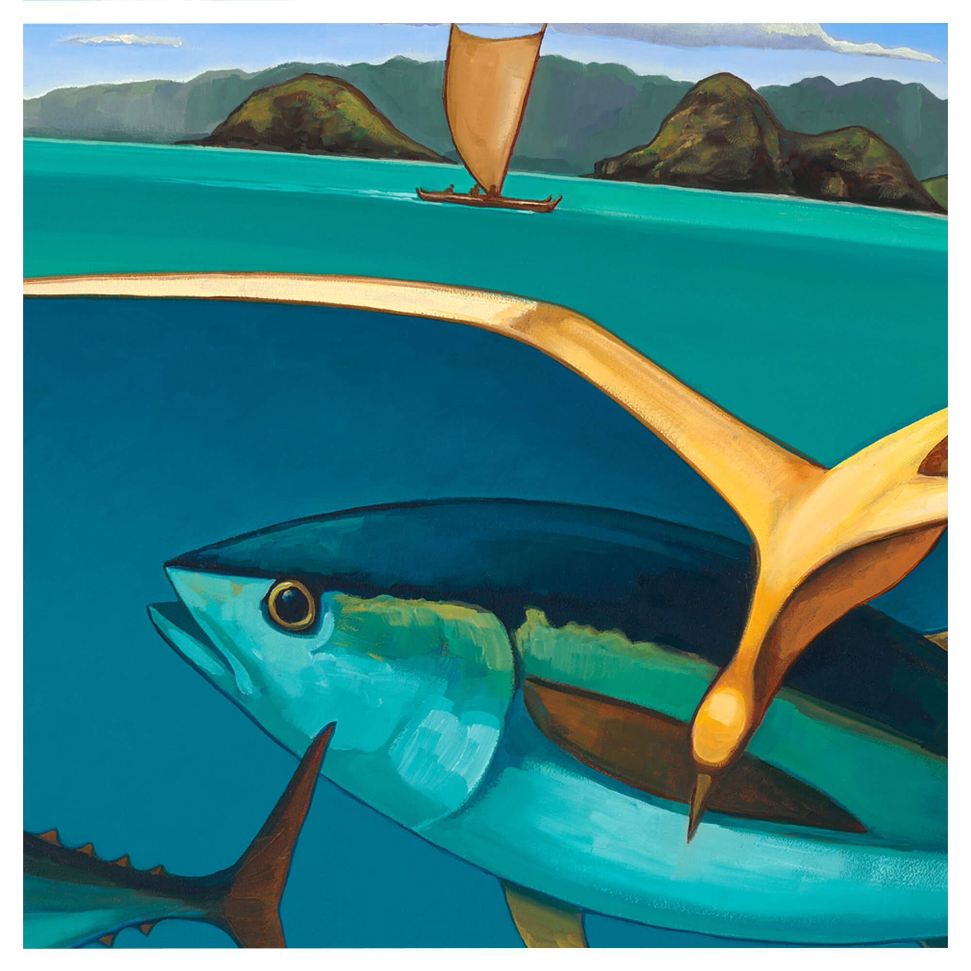 A tuna fish, a bird and a canoe by Hawaii artist Colin Redican