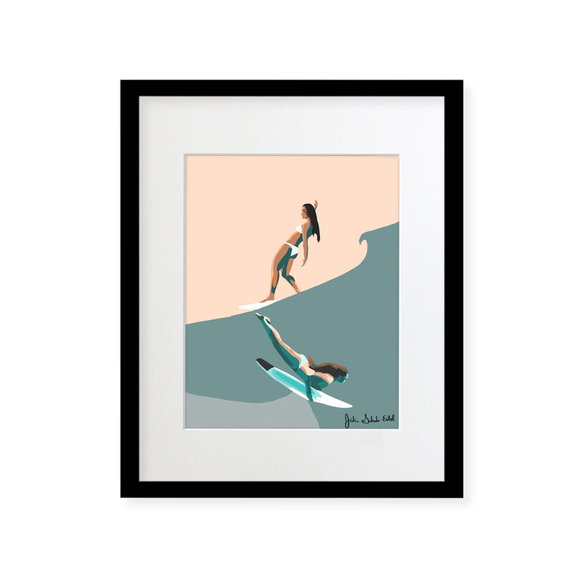 A framed matted art print featuring two female surfers, one riding the waves and the other just right beneath by Hawaii artist Jackie Eitel