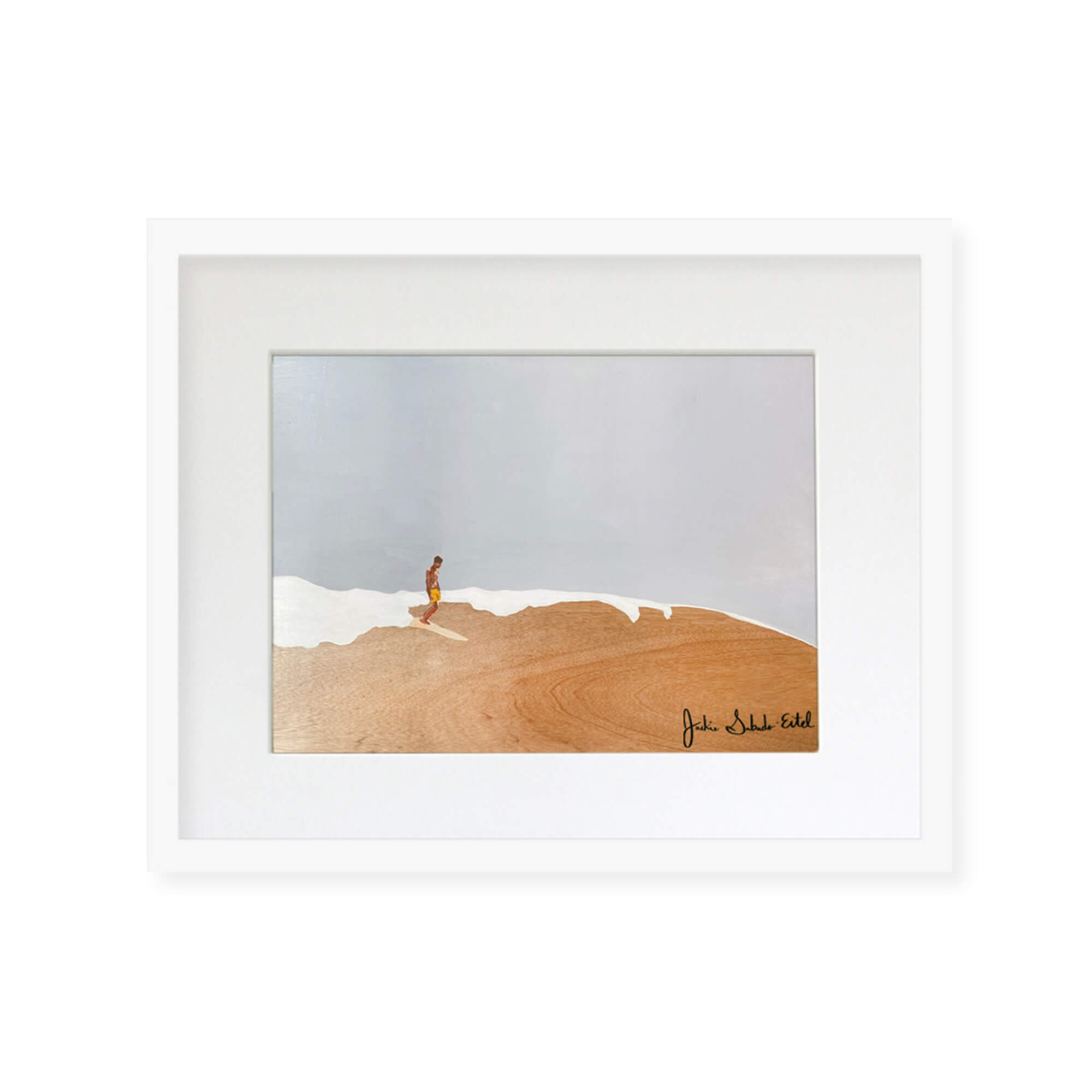 A framed matted art print featuring a man peacefully riding the epic waves of Hawaii by Hawaii artist Jackie Eitel