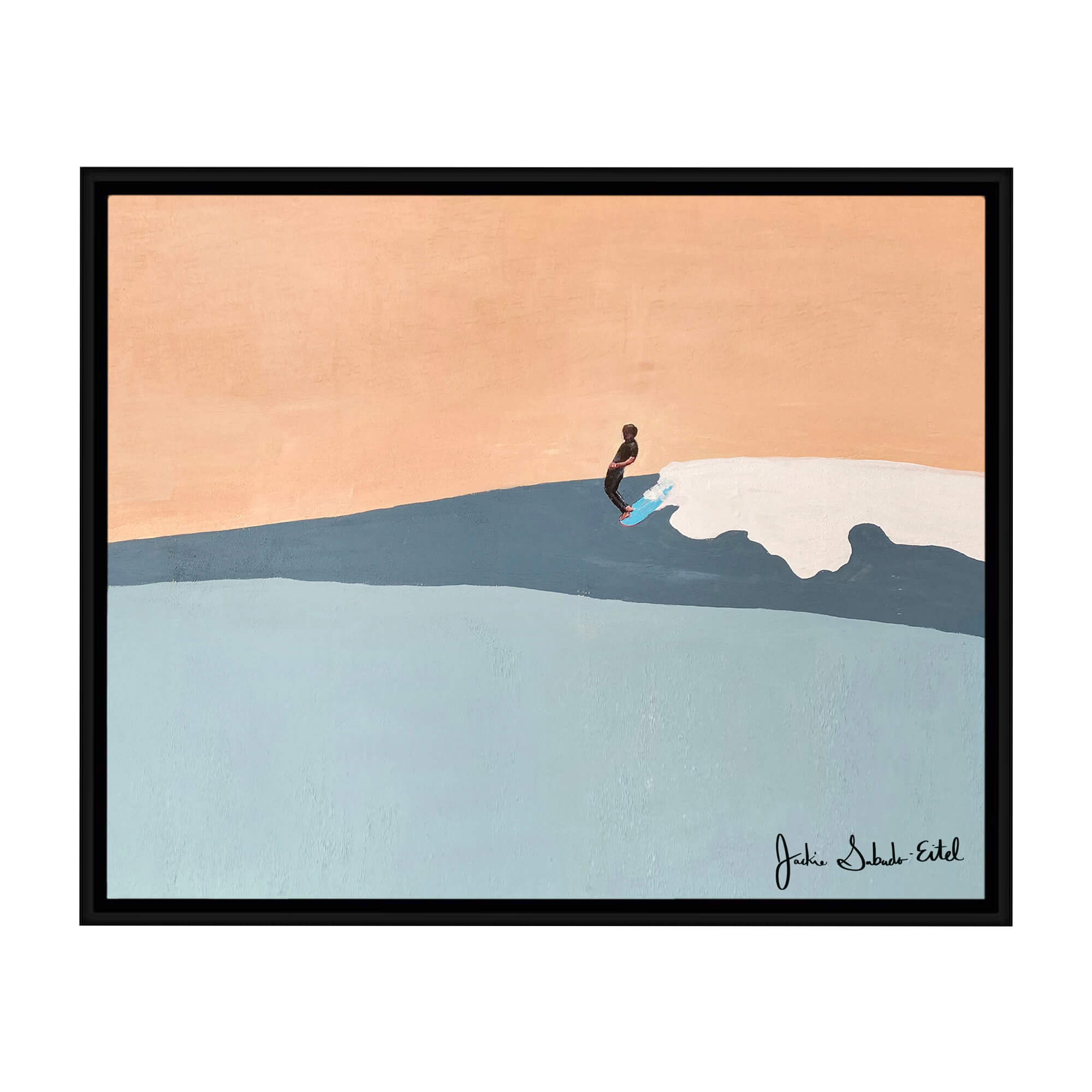 A framed canvas giclée print featuring a man riding the epic waves of Hawaii by Hawaii artist Jackie Eitel