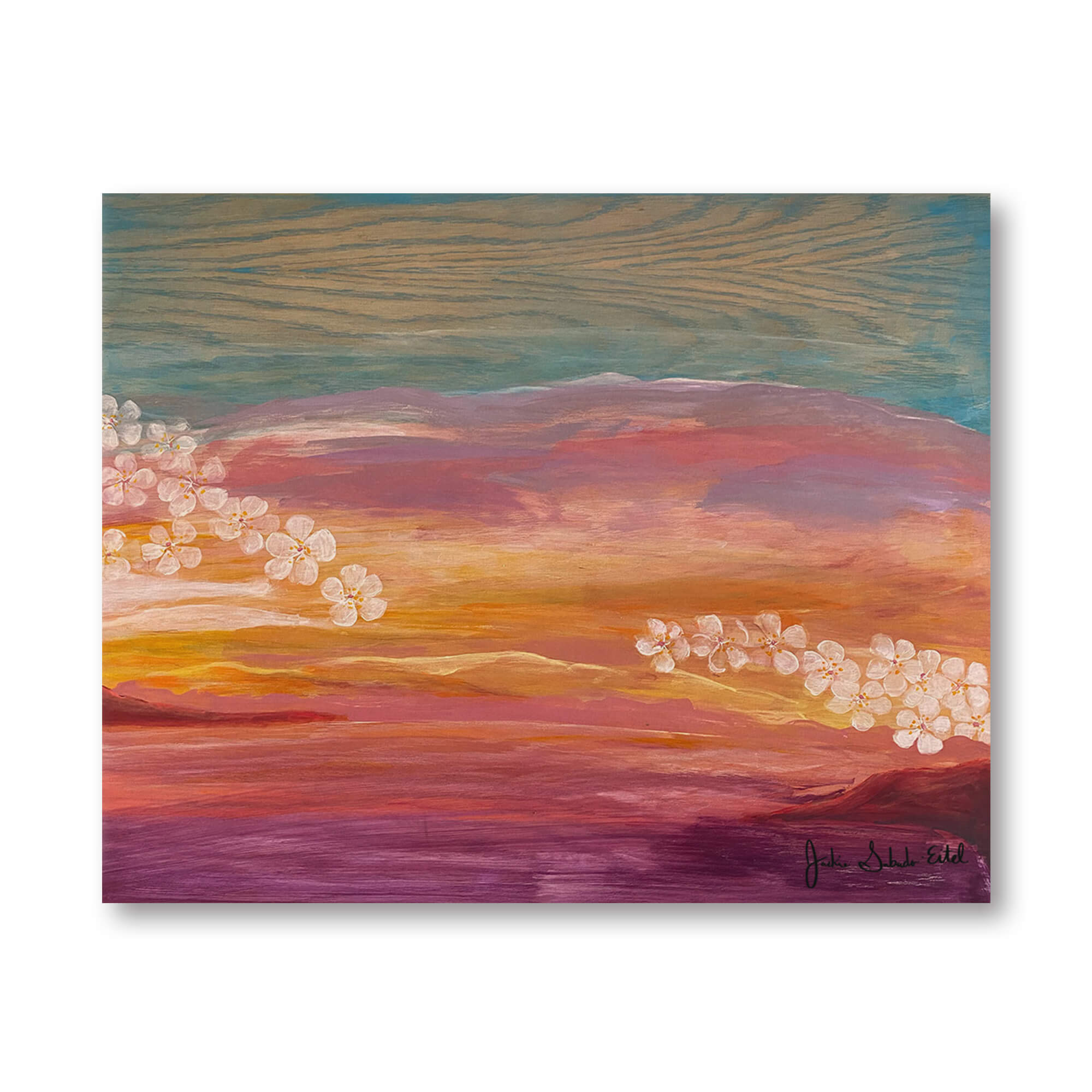 A wood print  of vibrant colorful sunset and plumeria flowers by Hawaii artist Jackie Eitel