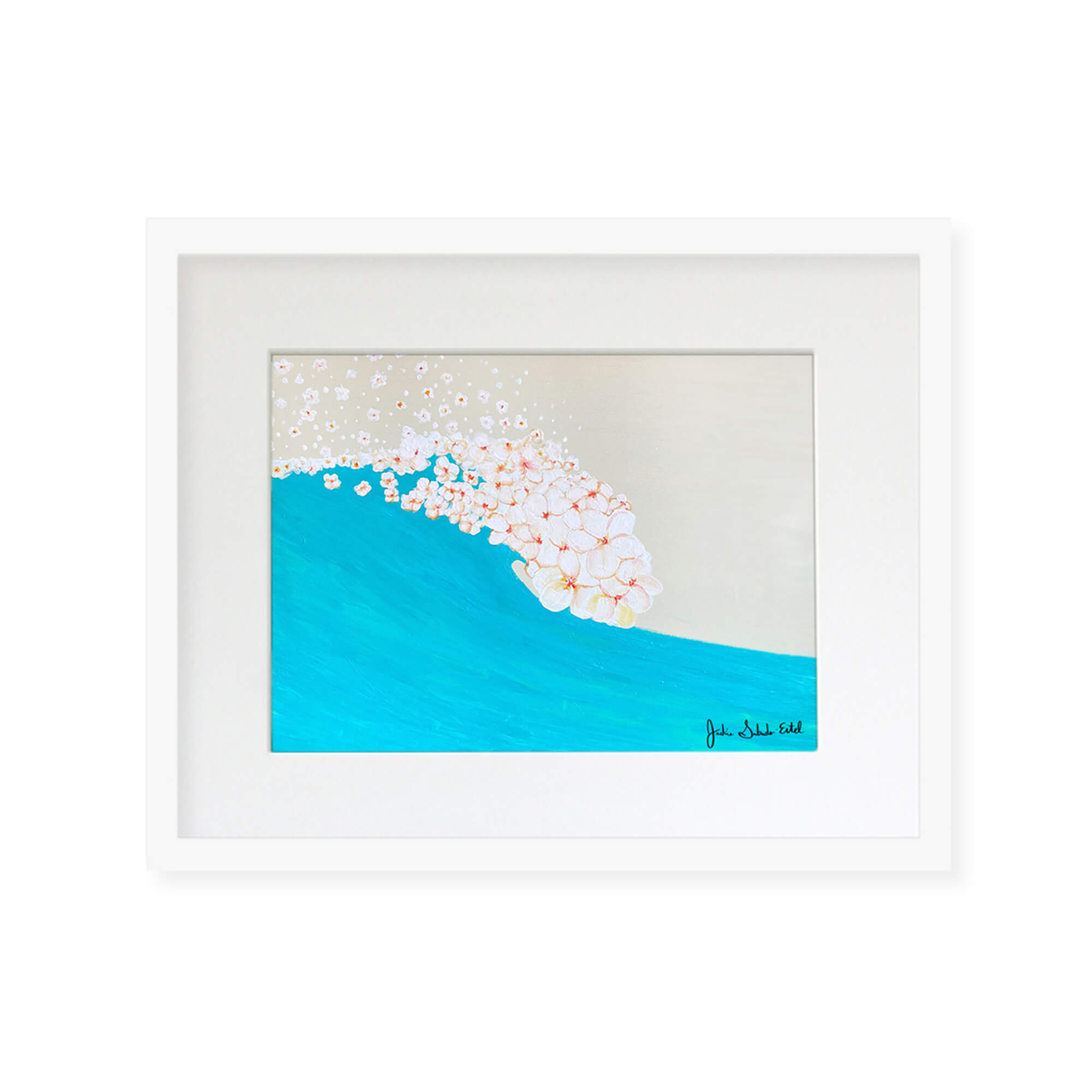 A framed matted art print featuring a top view of a shore with plumeria flowers as waves by Hawaii artist Jackie Eitel