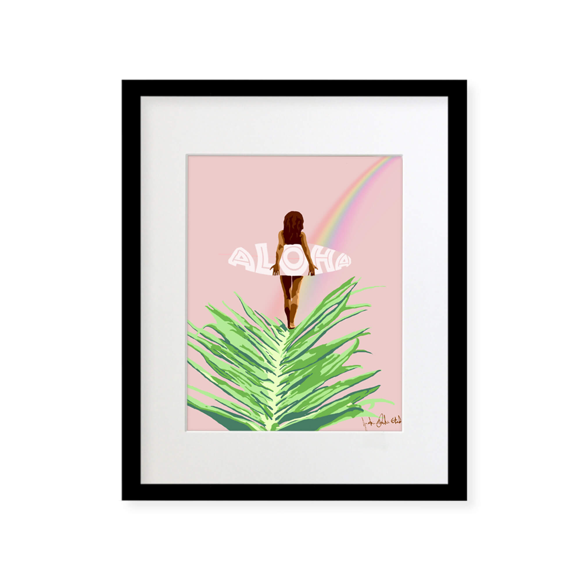 A framed matted art print featuring a woman holding a surfboard following a beautiful rainbow on a pastel pink background by Hawaii artist Jackie Eitel