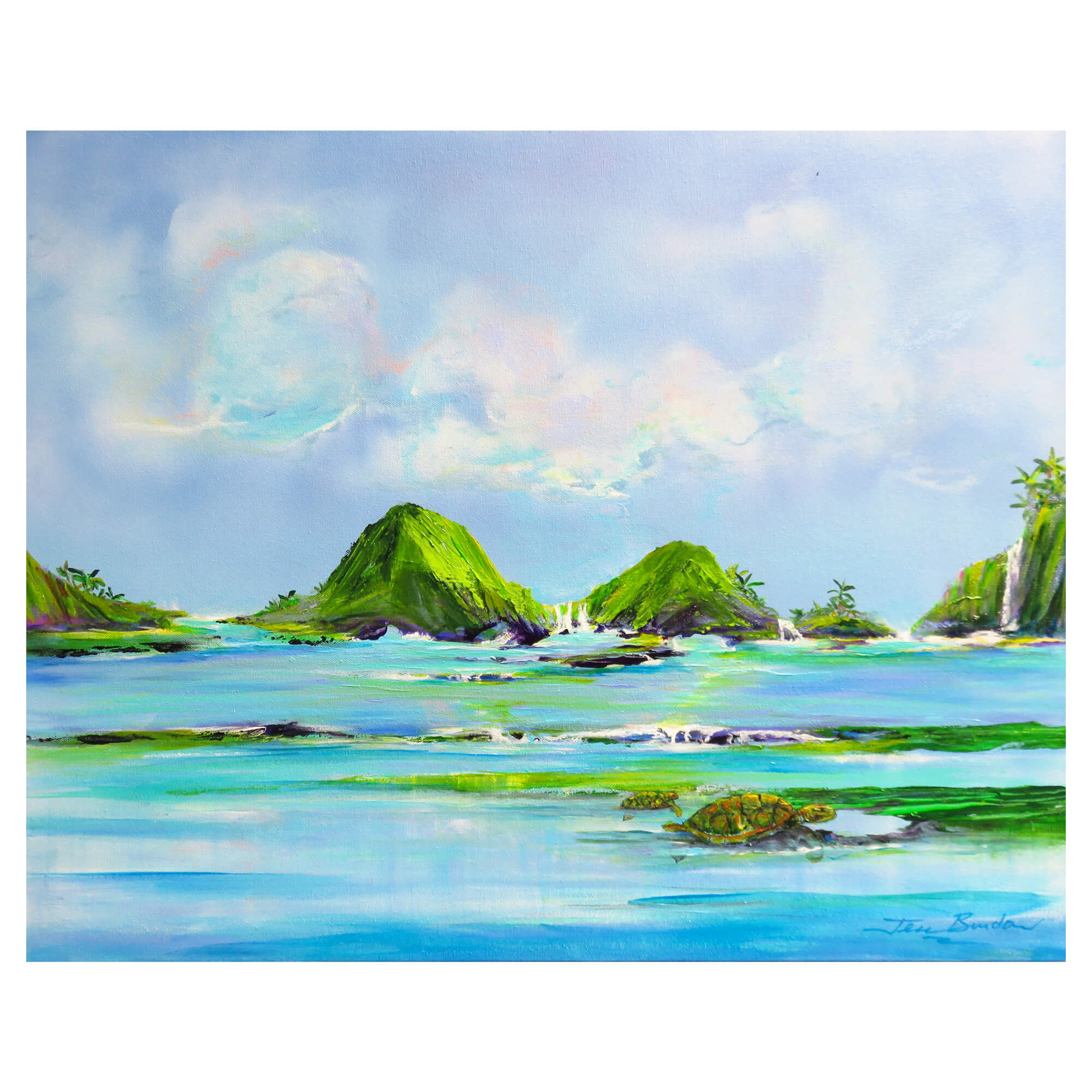A seascape surrounded by mountains and flowing water by Hawaii artist Jess Burda