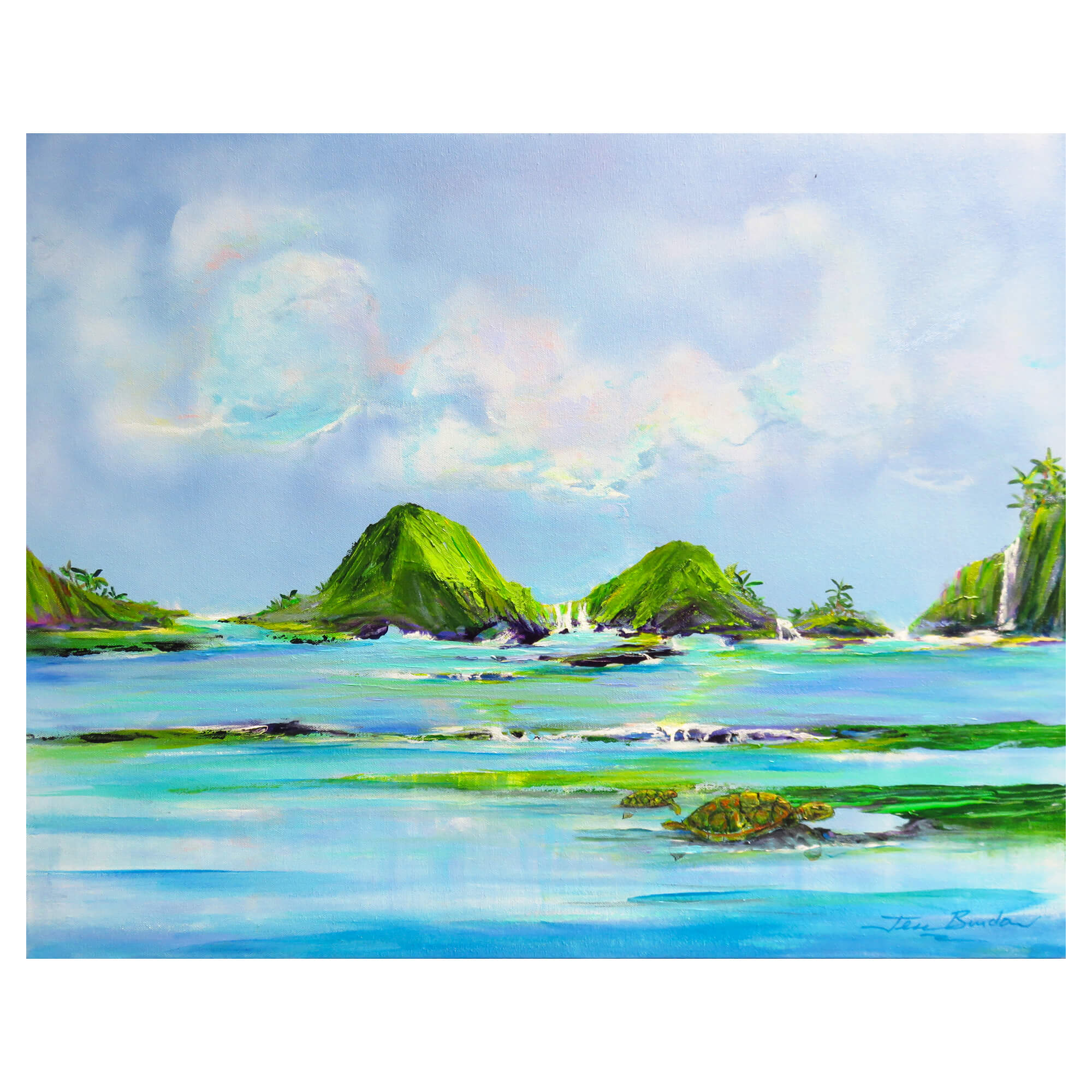 A tranquil seascape with sea turtles and flowing water by Hawaii artist Jess Burda