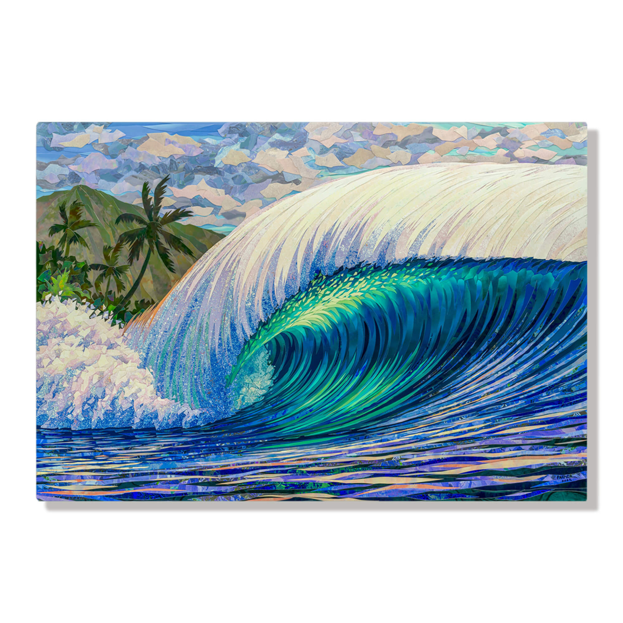 A metal art print featuring a collage of a large colorful rolling wave and a beautiful mountain background, by Maui artist Patrick Parker