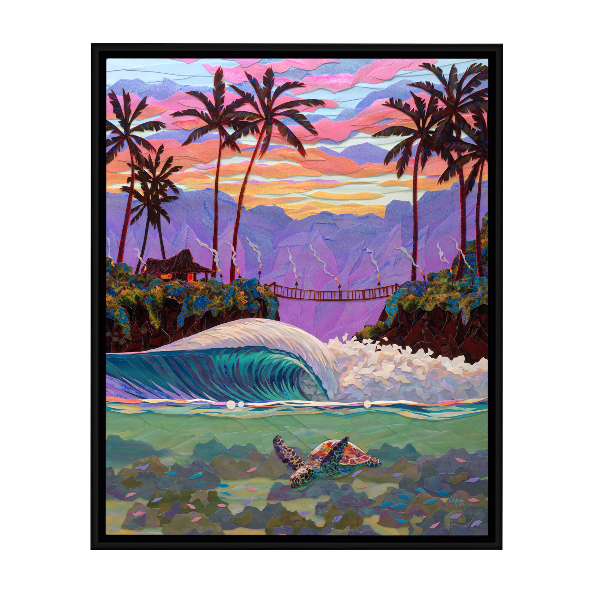 A framed canvas giclée art print featuring a collage of a beautiful seascape with a sea turtle swimming, a hut, and a gradient purple-pink-hued mountain background by Hawaii artist Patrick Parker