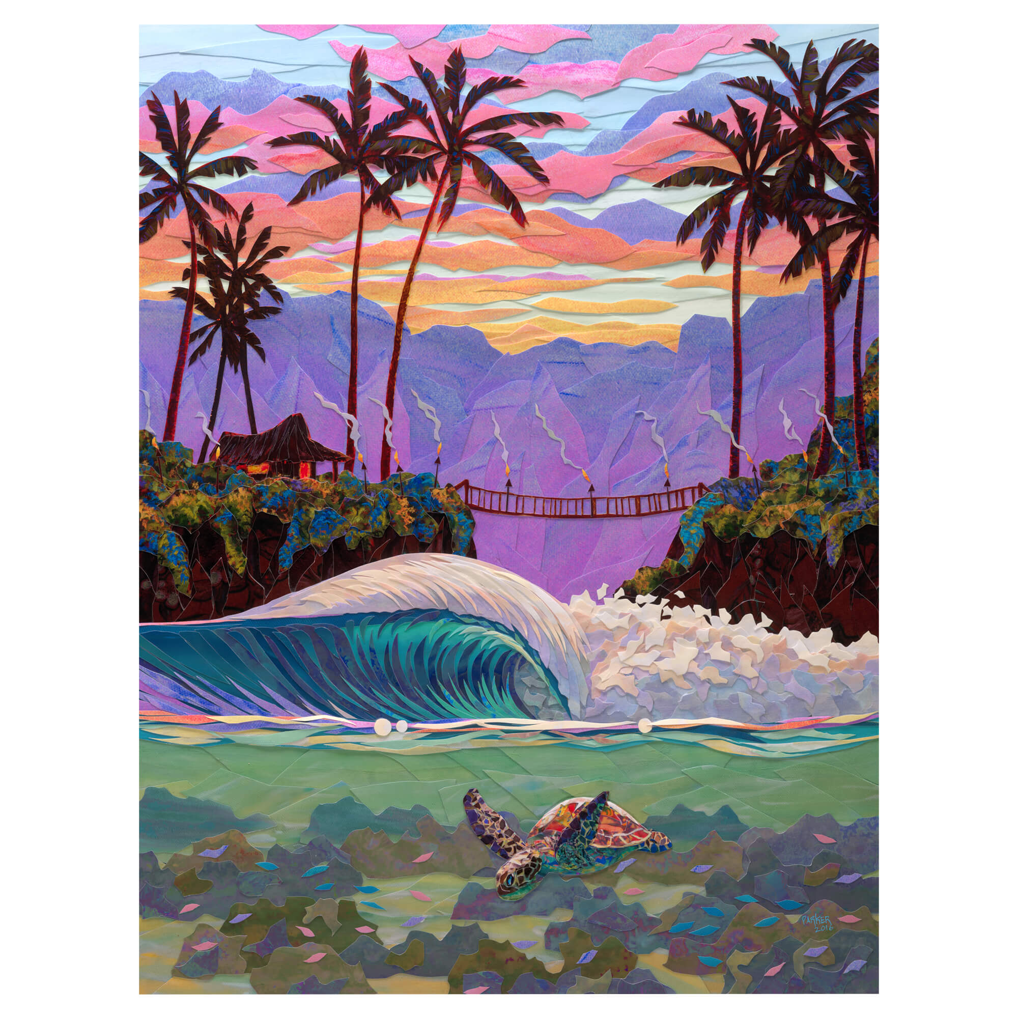 A canvas giclée art print featuring a collage of a beautiful seascape with a sea turtle swimming, a hut, and a gradient purple-pink-hued mountain background by Hawaii artist Patrick Parker