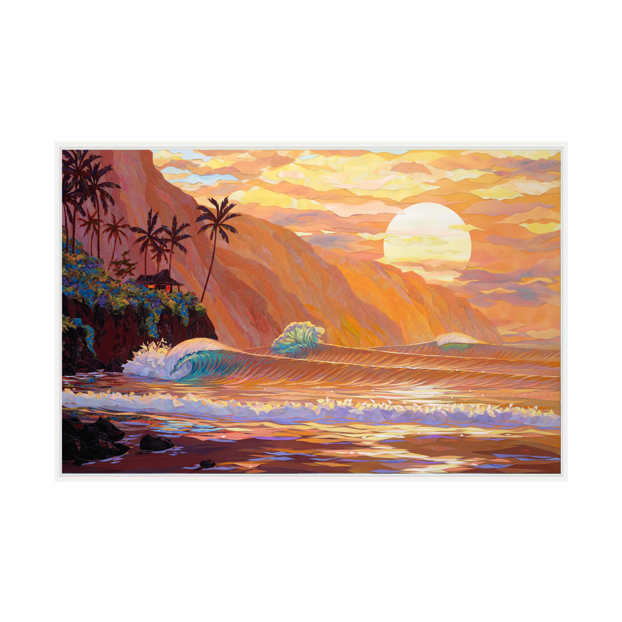 A framed canvas giclée art print featuring a collage of a sunset view of the ocean as seen from a tropical beach in Hawaii by Hawaii artist Patrick Parker