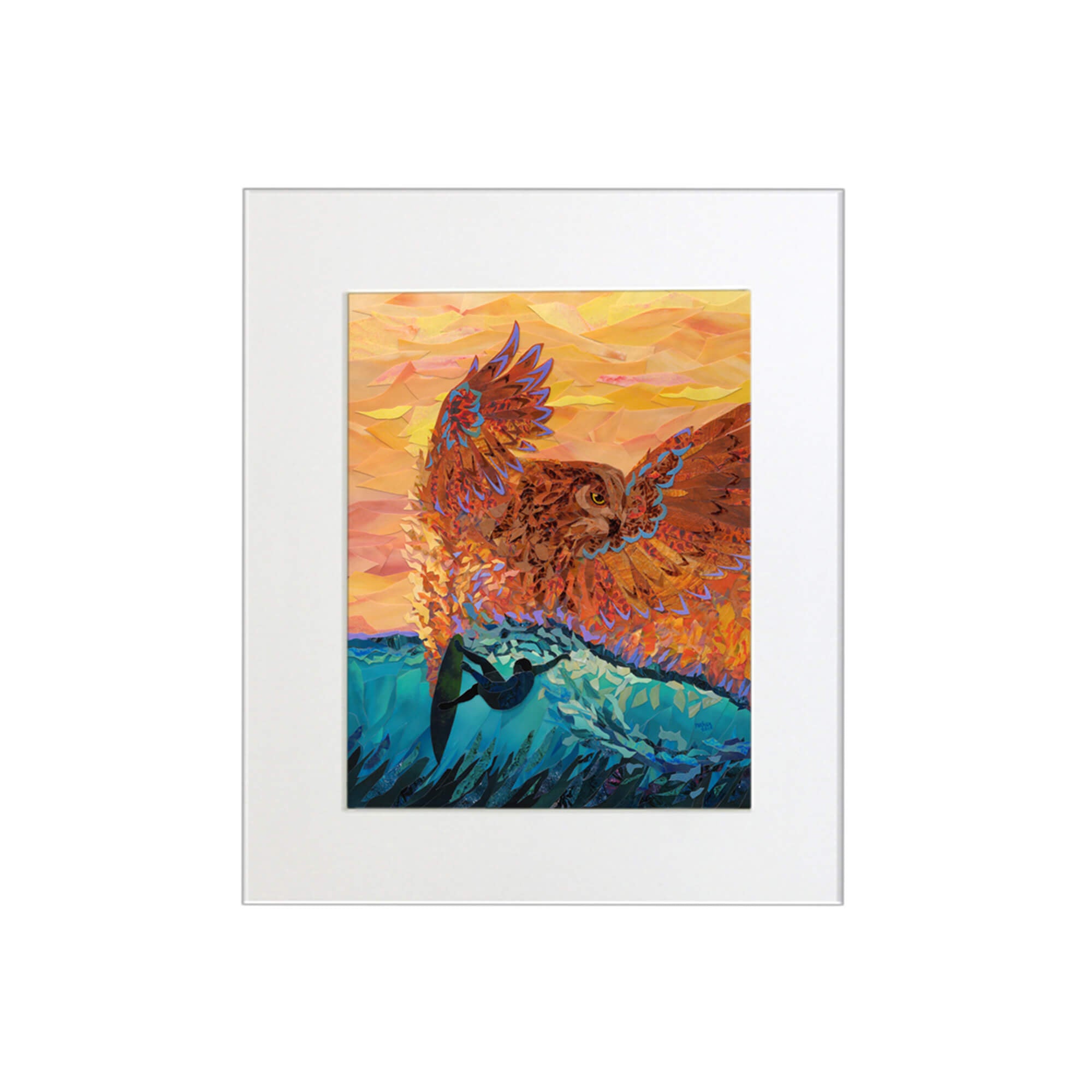 A matted art print featuring a collage of a surfer riding the epic wave of Hawaii and a vibrant orange-hued owl by Hawaii artist Patrick Parker