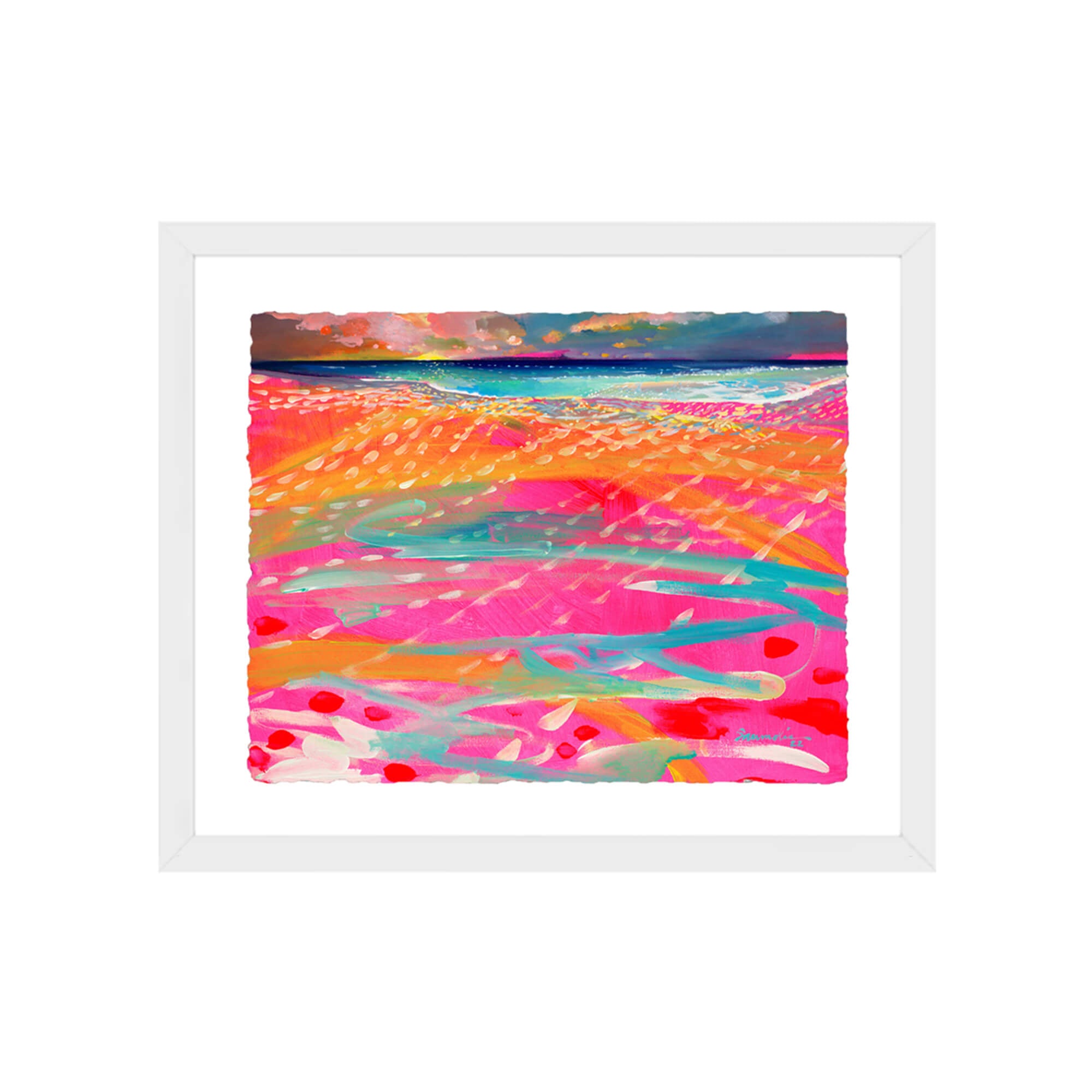 A framed watercolor paper giclée print featuring this beautiful vibrant neon-colored seascape by popular Hawaii artist Saumolia Puapuaga